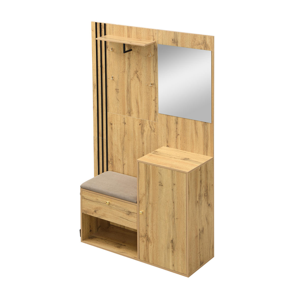 GARDEROBE-SET in Naturfarben Garderobenschrank mit Spiegel und Kissen für Eingangsbereich und Flur, B115/T37/H185 cm - Naturfarben, Glas/Holzwerkstoff (115/185/37cm) - STILVORA