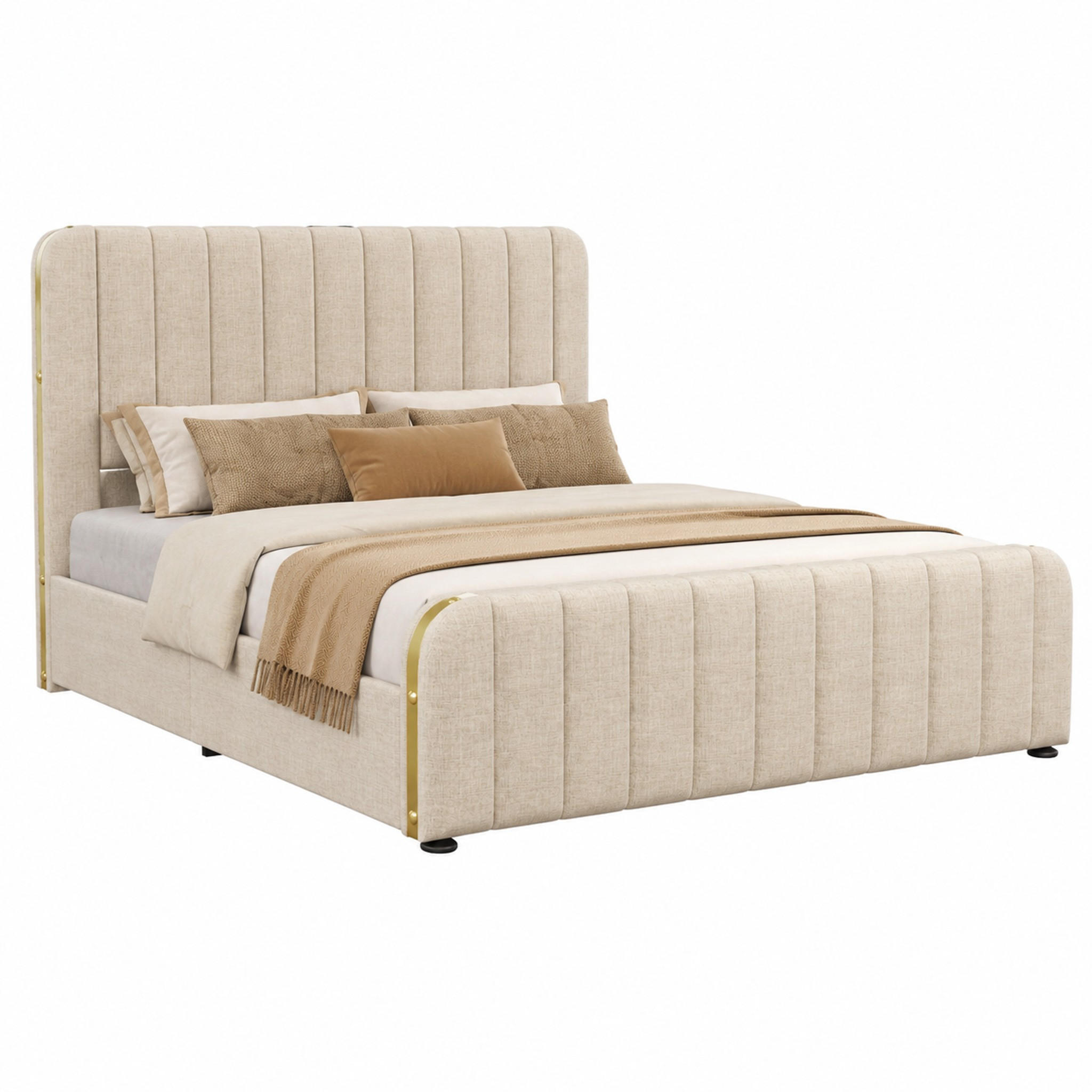 BETT mit Stauraum 160x200 cm Beige Leinen mit USB und Typ-C - Beige, Metall (160/200cm) - Meubliv