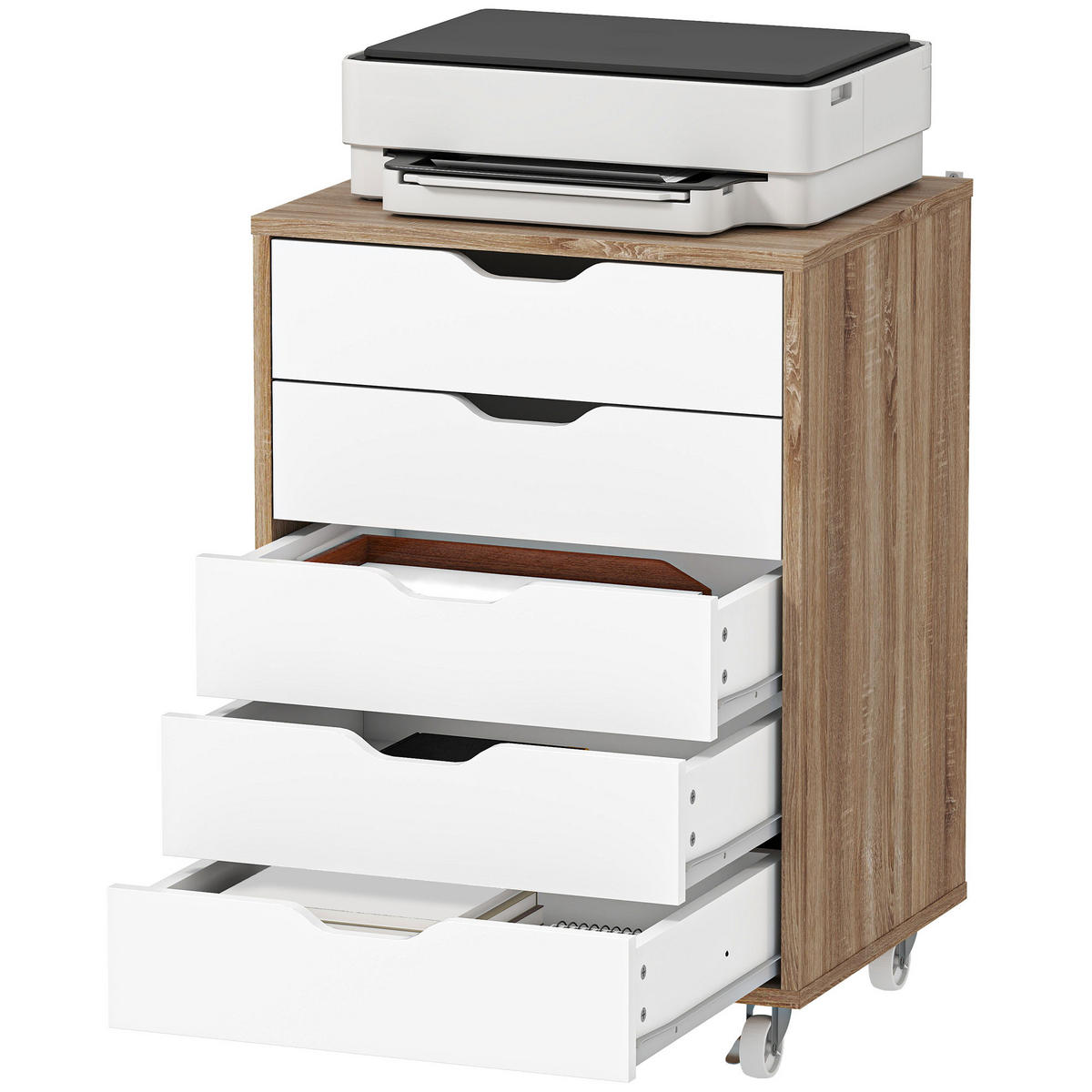 ROLLCONTAINER DE-14484 5 Schubladen Weiß/Eiche - Eichefarben, Holzwerkstoff (39.5/67.5/47.5cm) - ComfortXL