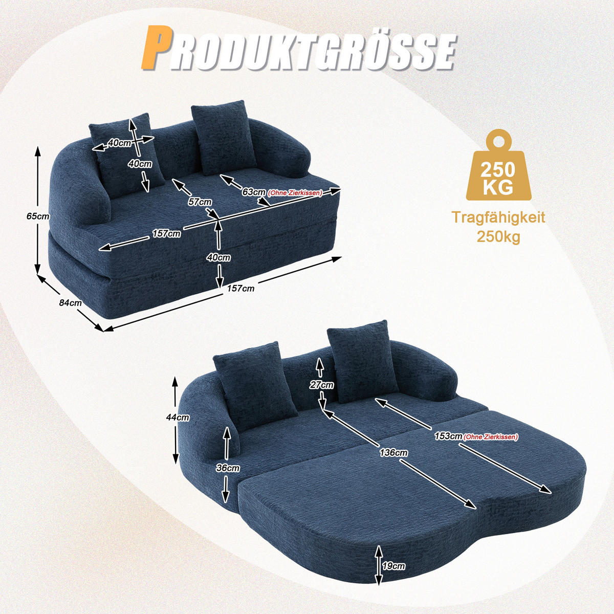 SCHLAFSOFA, 2 Sitzer aus Chenille, Klappsofa Bodensofa mit Schlaffunktion, Blau - Blau, Textil (157/44/153cm) - LVHOM