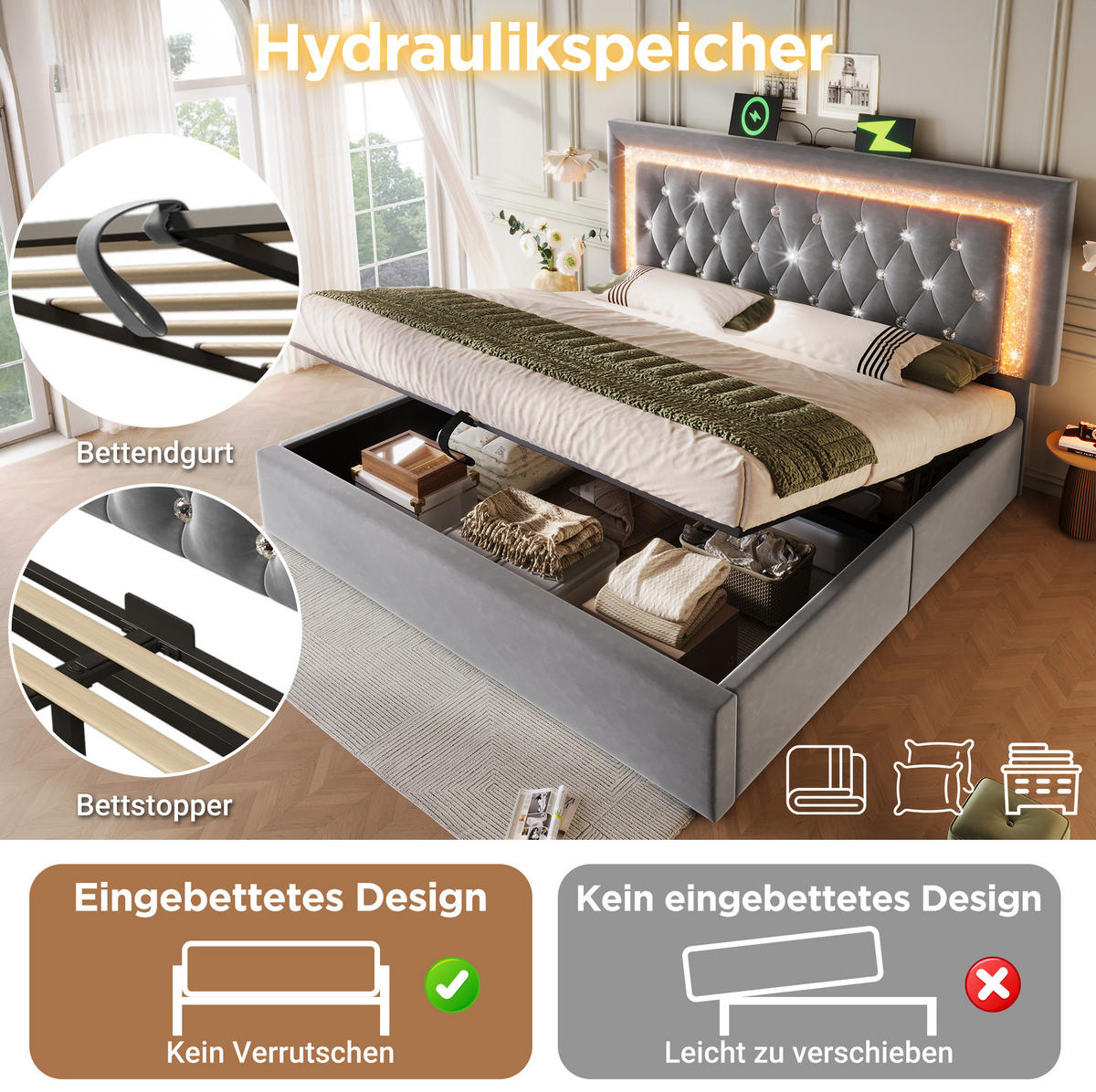 POLSTERBETT 90/200 cm aus Leinen mit LED-Beleuchtung und USB- sowie Typ-C-Anschlüssen Grau - Grau, Textil (90/200cm) - Modenvie