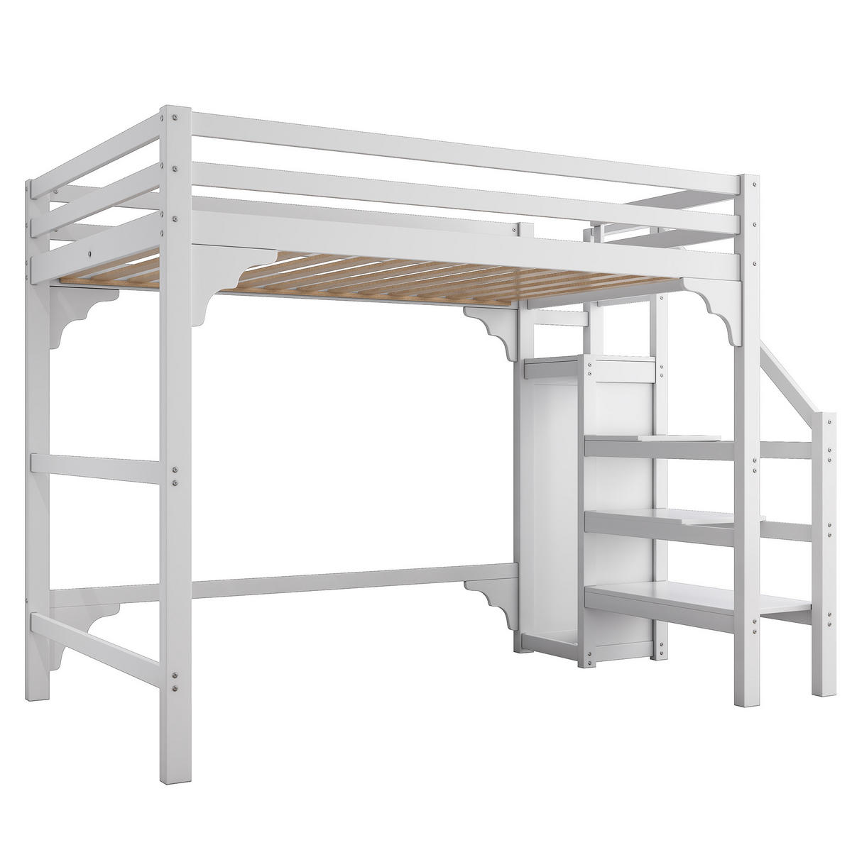 HOCHBETT 140/200 cm aus Kiefernholz mit Kleiderschrank und Treppe, Weiß - Weiß, Holz (140/200cm) - OKMYHOME