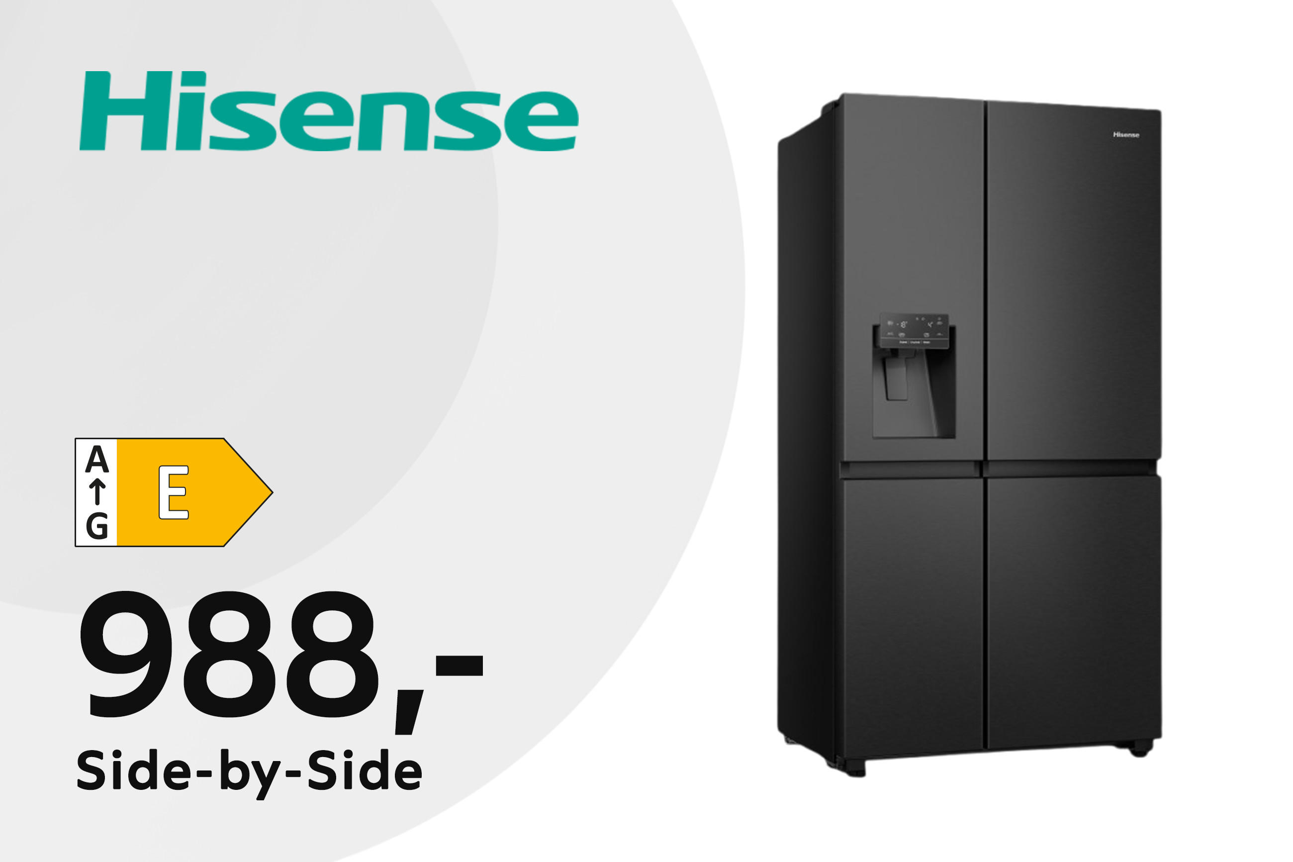 Produkt-Teaser HISENSE: Side-by-Side für 988,-, Energieeffizienzklasse E; abgebildet ist ein schwarzer Side-by-Side-Kühlschrank mit Wasserspender an der Tür.