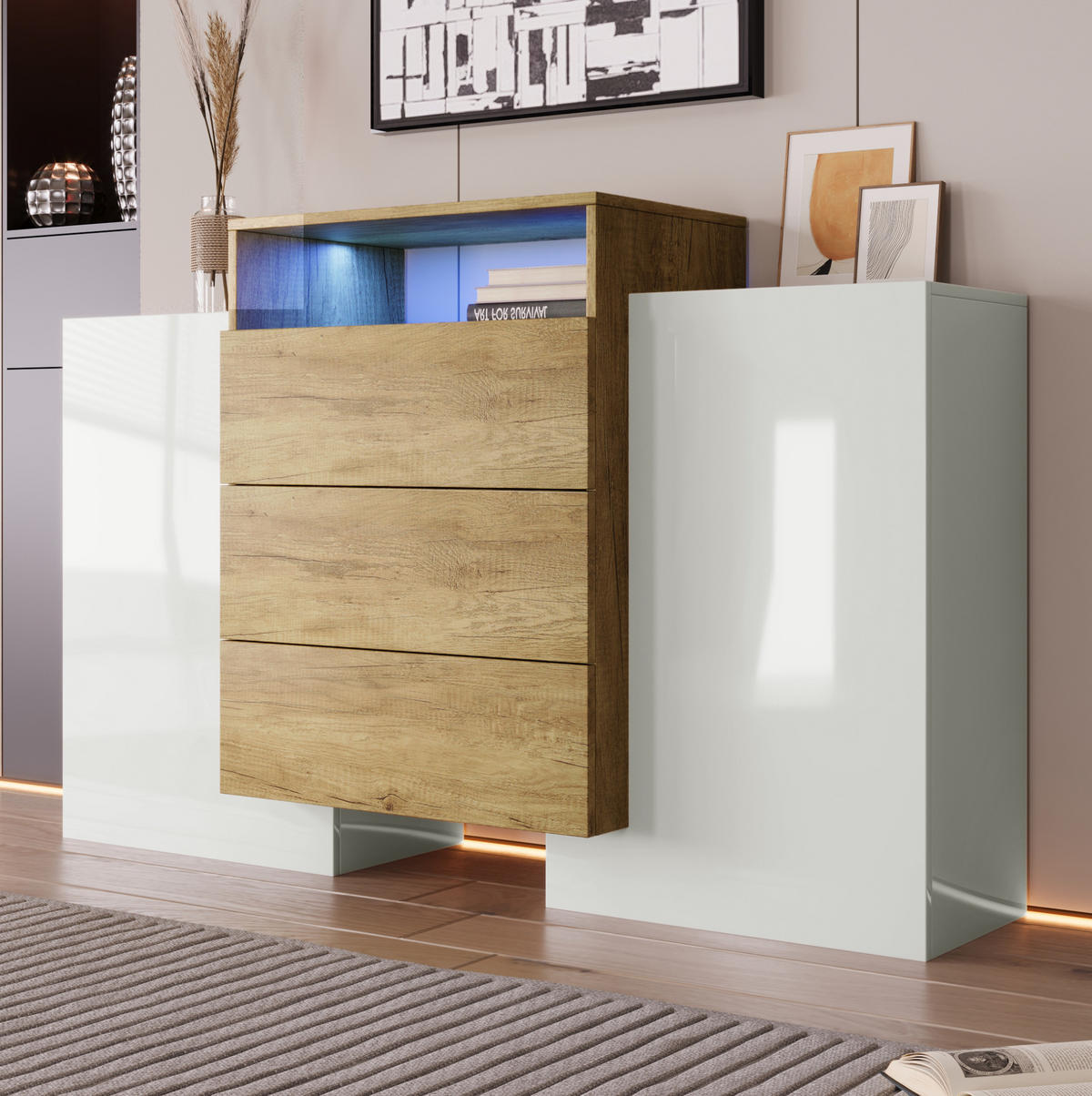 SIDEBOARD 140/77,5/30 cm Weiß und Holzfarbe aus MDF mit LED-Beleuchtung - Naturfarben, Holzwerkstoff (30/77/140cm) - OKMYHOME
