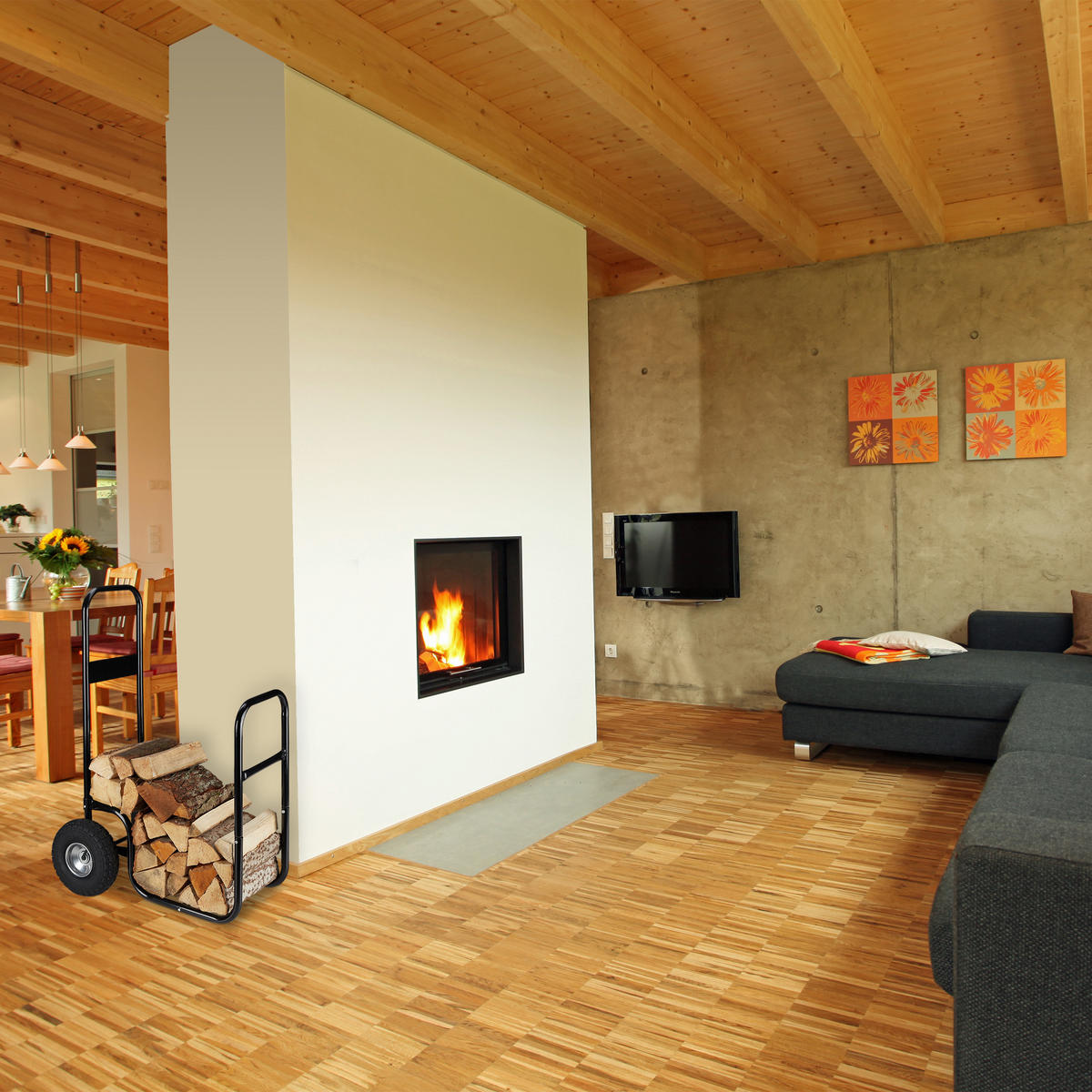 KAMINHOLZWAGEN - Schwarz, Kunststoff/Metall (53/107/69cm) - Relaxdays