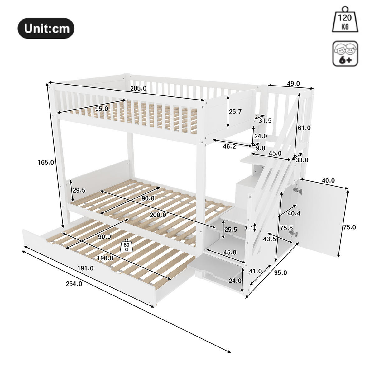 ETAGENBETT 90/200 cm mit Ausziehbett, Kleiderschrank, Regal und Stauraumtreppe aus Kiefern , Weiß - Weiß, Holzwerkstoff (90/200cm) - Redom