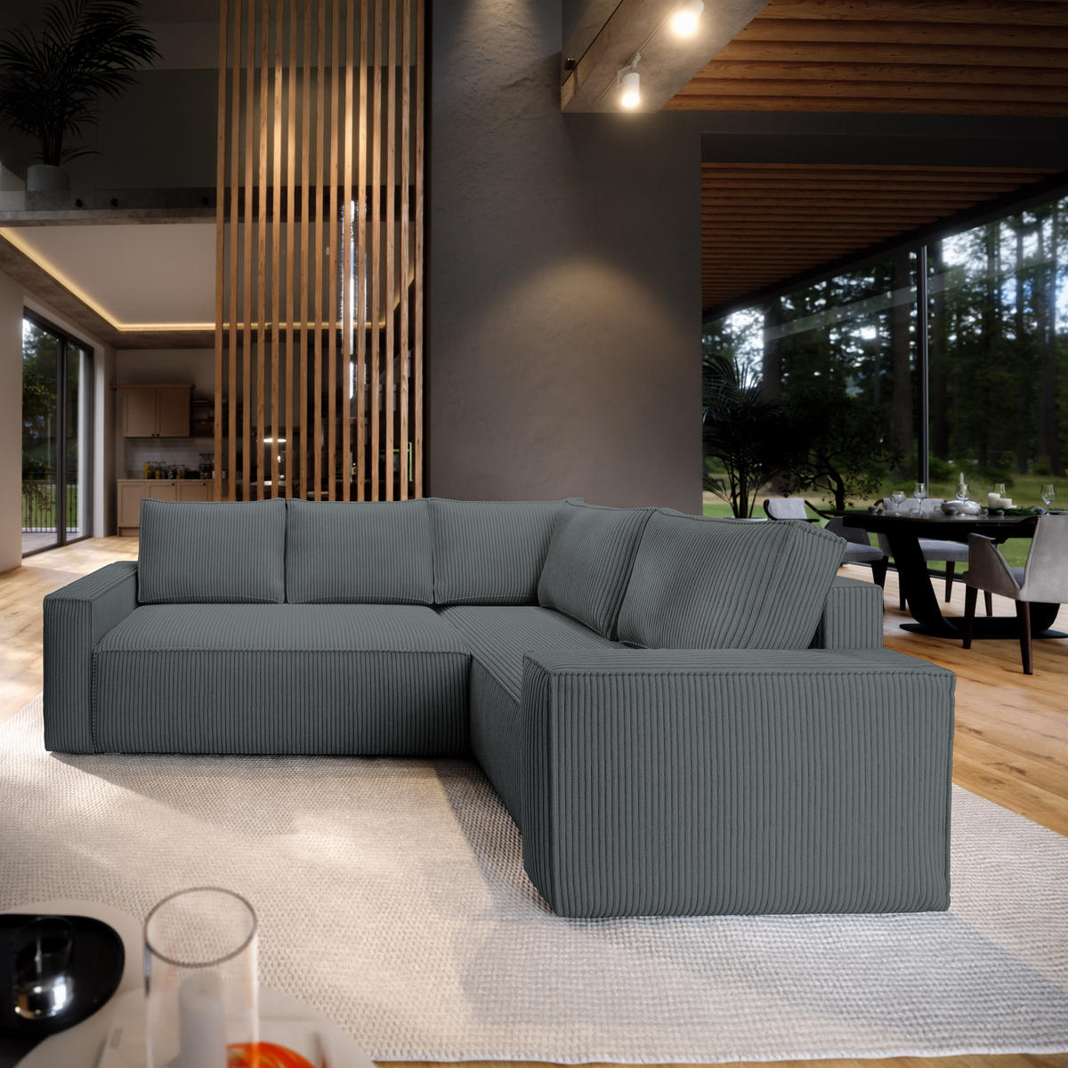 ECKSOFA ESTANO R-S Grau Kordstoff mit Schlaffunktion - Grau, Holz (230/158cm) - MASSENO