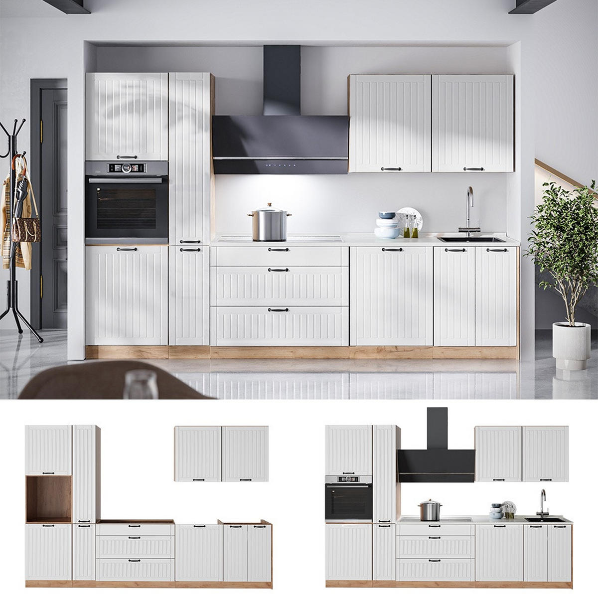 KÜCHENZEILE Fame-Line, Weiß Landhaus/Goldkraft Eiche, 310 cm, AP Marmor - Honigeiche/Weiß, Holzwerkstoff (310/206.8/60cm) - Vicco