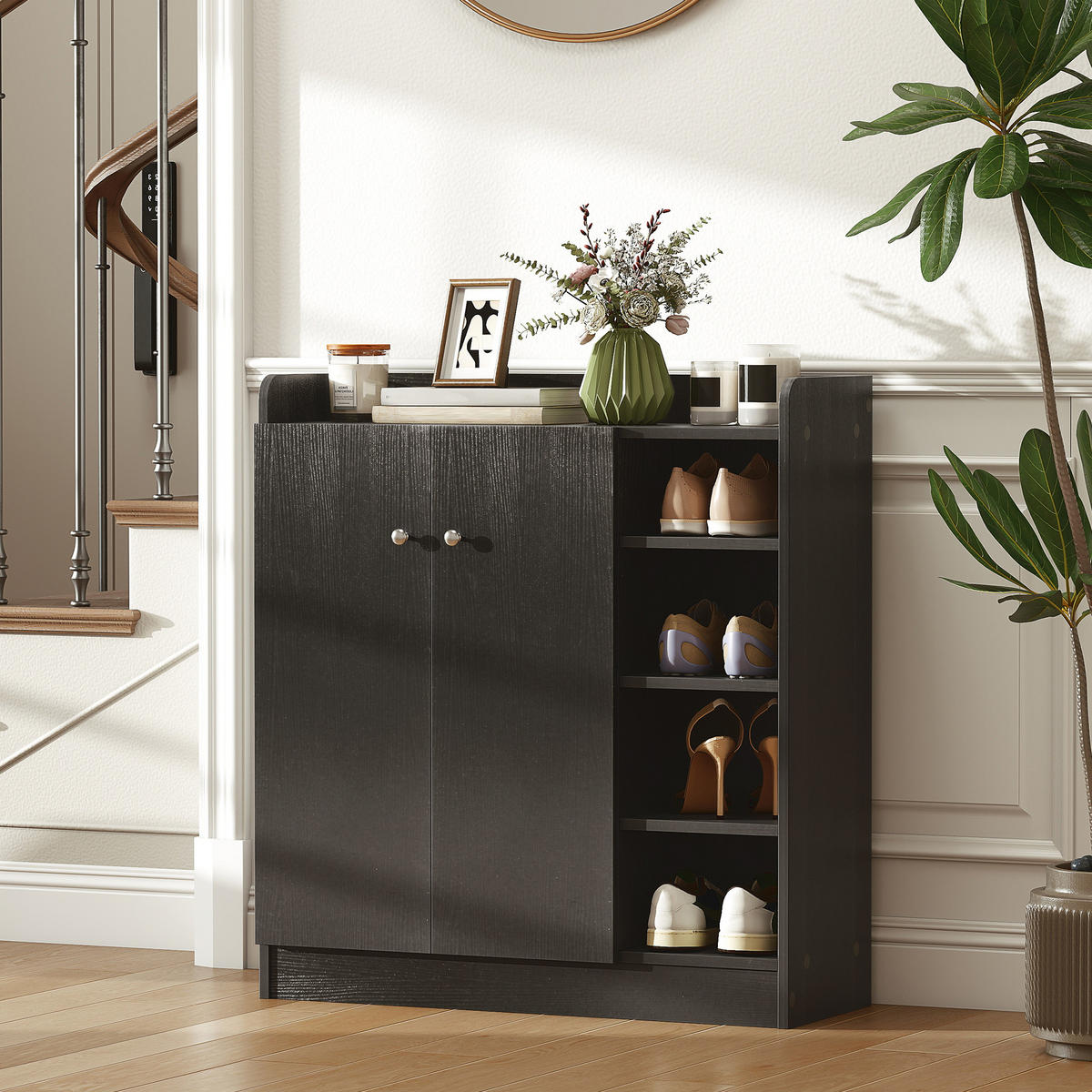 SCHUHSCHRANK DE-14973 4 offene Fächer & Doppelschrank mit 4 Einlegeböden Schwarz - Schwarz, Holzwerkstoff (83/90/30cm) - ComfortXL