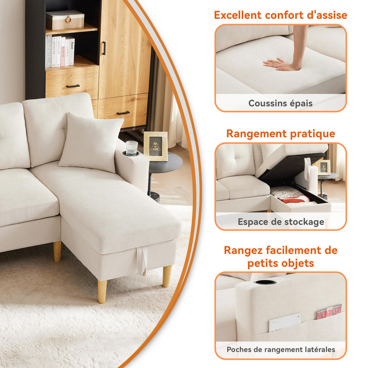 L-SOFA Modell S200 Grau 3-Sitzer mit Stauraum & Chaiselongue - Beige, Holz (129/175cm) - FLIEKS