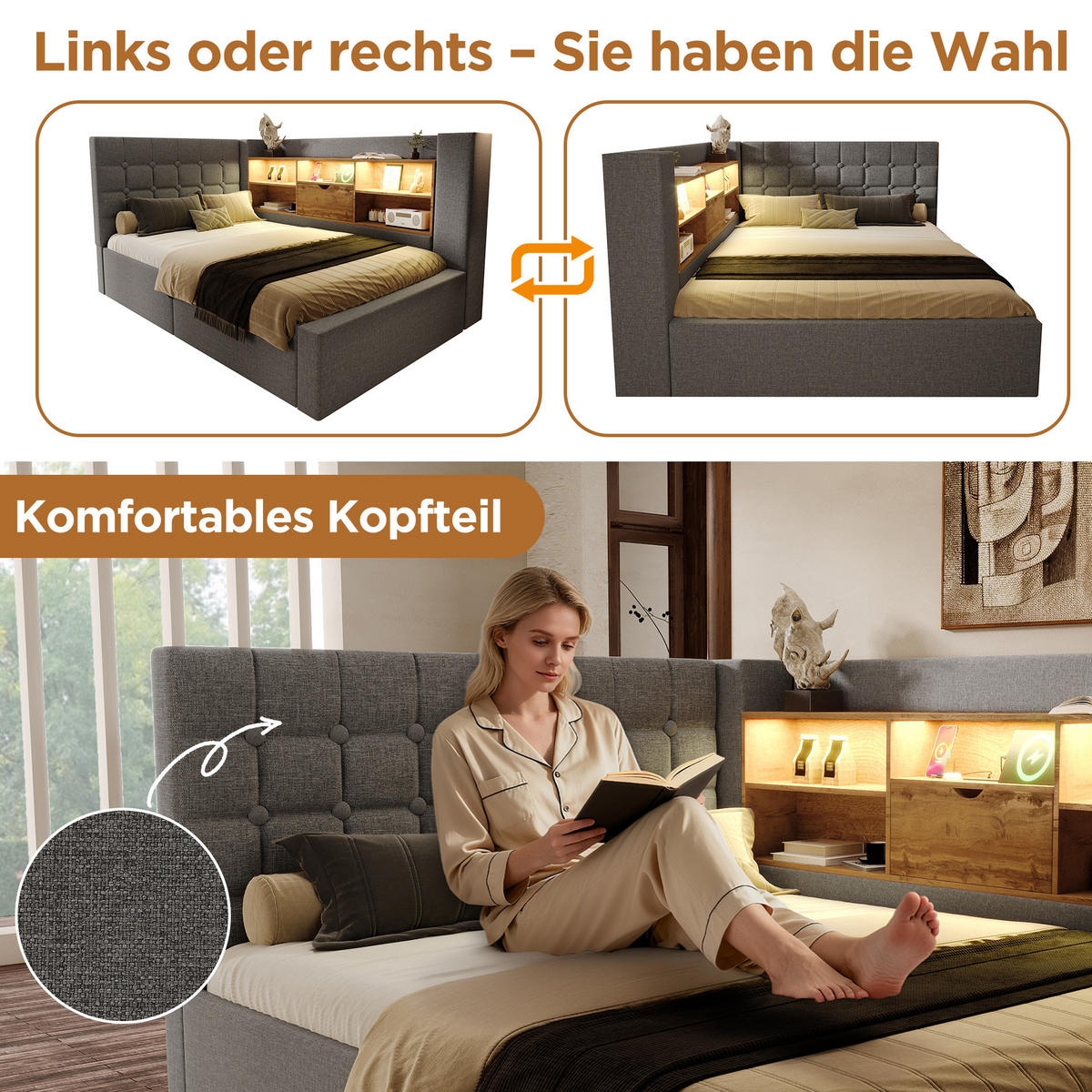 POLSTERBETT 140/190 cm Grau mit LED-Beleuchtung und Stauraum - Grau, Textil (140/190cm) - Flora Grace