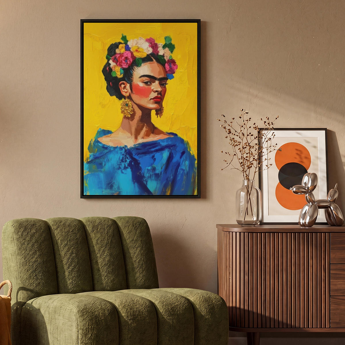 LEINWAND Bilder mit Rahmen - Frida Kahlo - Frau - Gelb - Blau - Blumen - 60x90 - Gelb, Textil (60/90cm) - MuchoWow