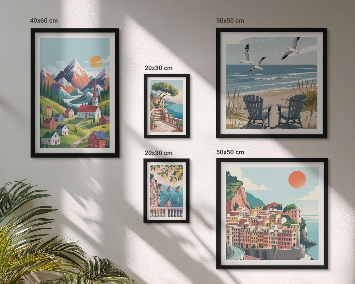 WANDBILDER 5er-Set - 50x50 cm & 20x30 cm & 40x60 cm Schwarzer Rahmen - Pastellfarbene Küstenhäuser - Schwarz, Kunststoff (40/60cm) - ArtPrintCave