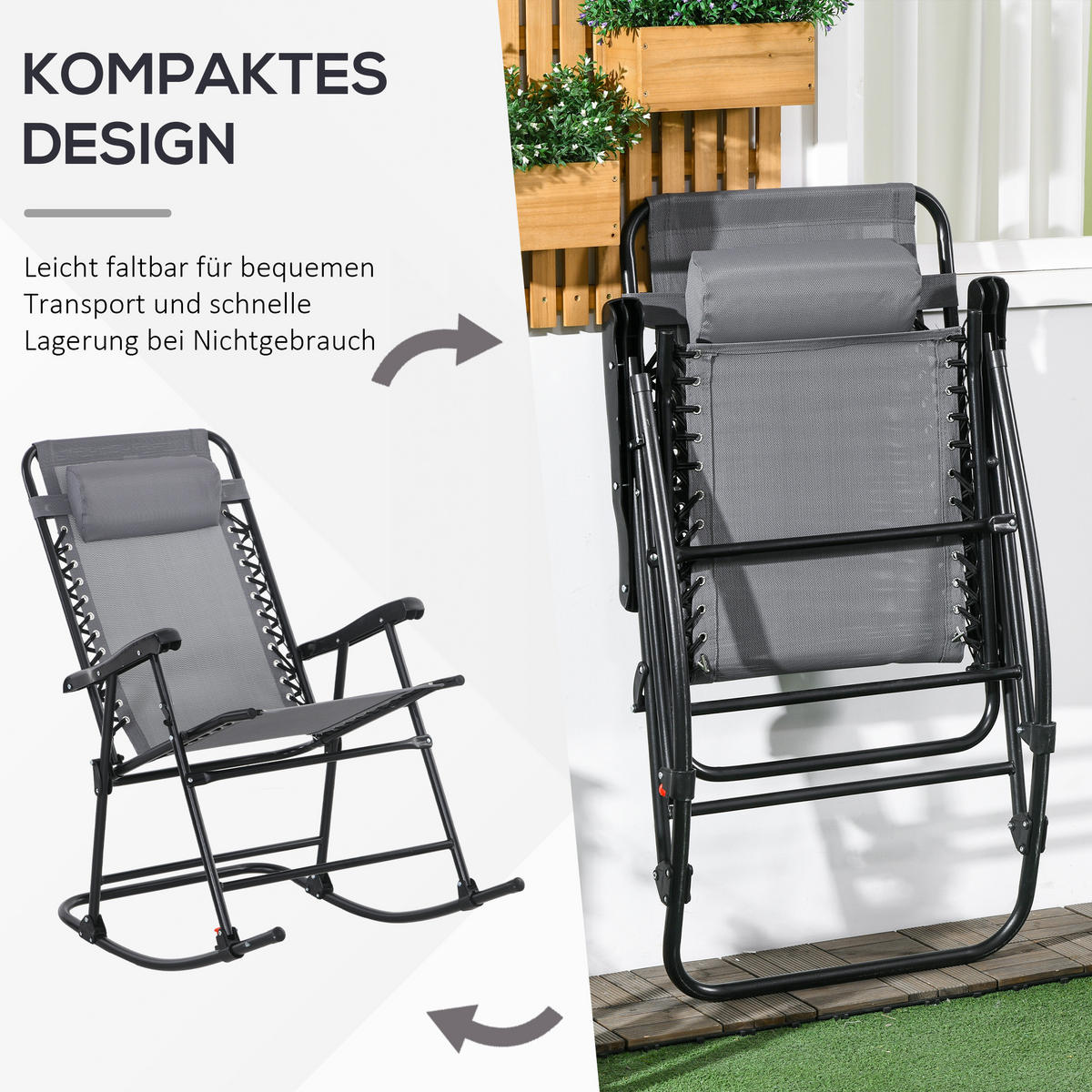 SCHAUKELSTUHL, mit Kopfkissen, bis 120 kg, Mesh, Hellgrau, 95 x 64 x 106 cm - Hellgrau, Metall (64/106/95cm) - Outsunny