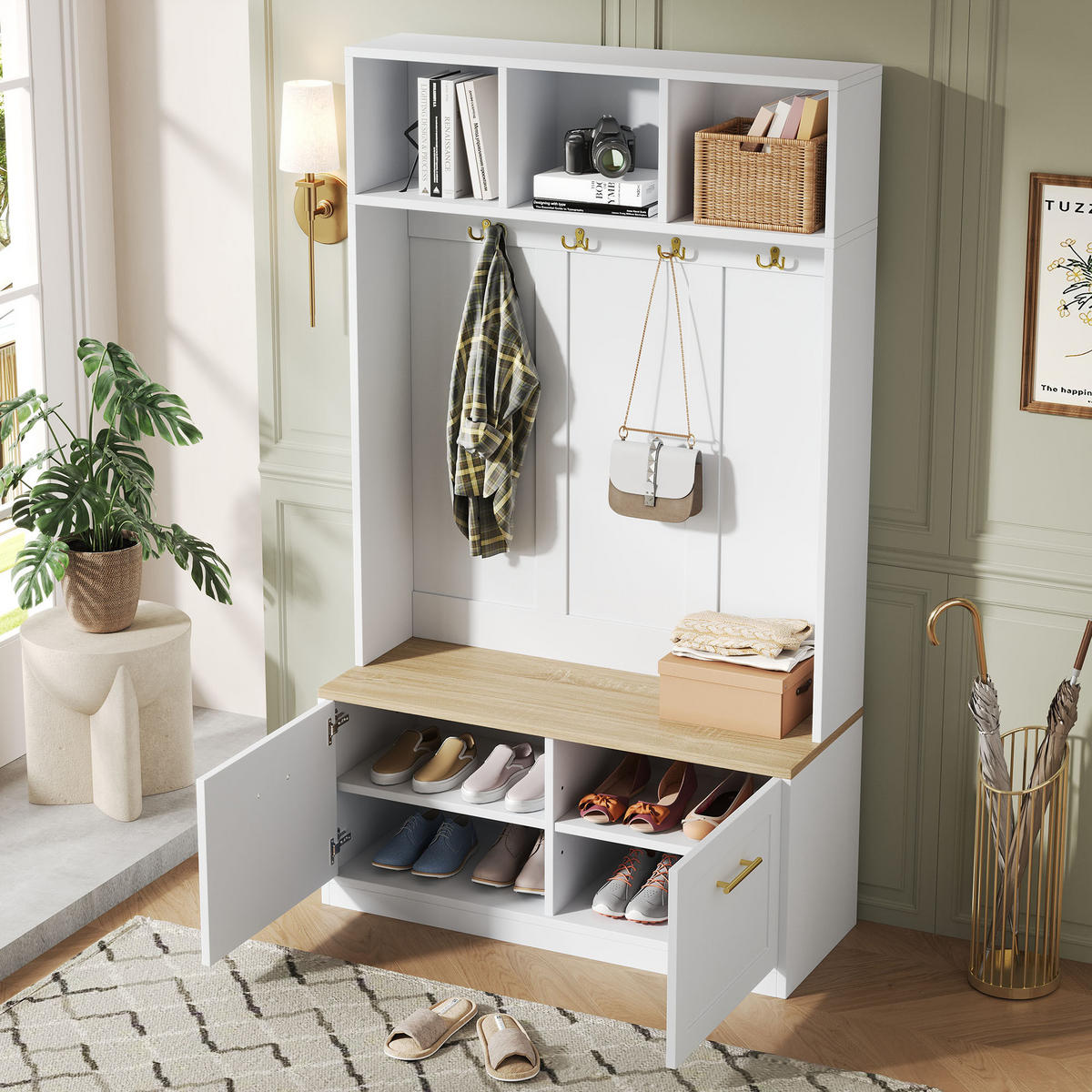 GARDEROBENSET Kompakt mit Sitzbank Natur Weiß 105x40x180cm 4 Haken - Multicolor, Holzwerkstoff (40/180/105cm) - FLIEKS