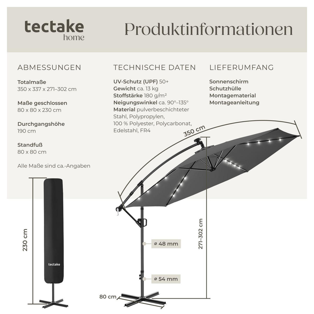 AMPELSCHIRM Artemis, mit LED Solar-Beleuchtung, inkl. Schutzhülle, grau - Grau, Metall (350/337cm) - tectake
