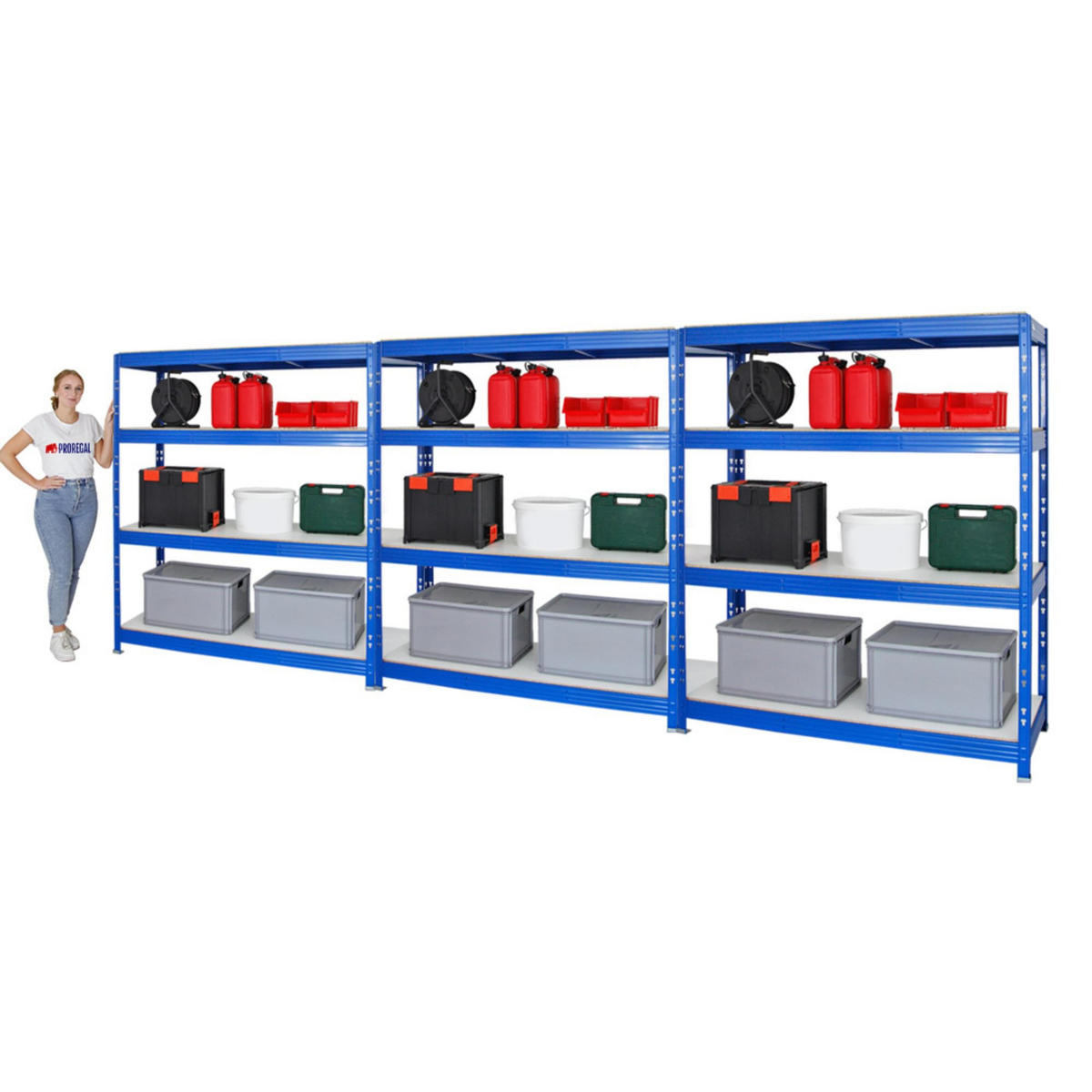 SCHWERLASTREGAL Rhino 3er-Set mit 3x 180x160x60 cm 4 Melamin-Ebenen 16mm Fachlast 500 kg Blau - Blau, Metall (480/180/60cm) - PROREGAL