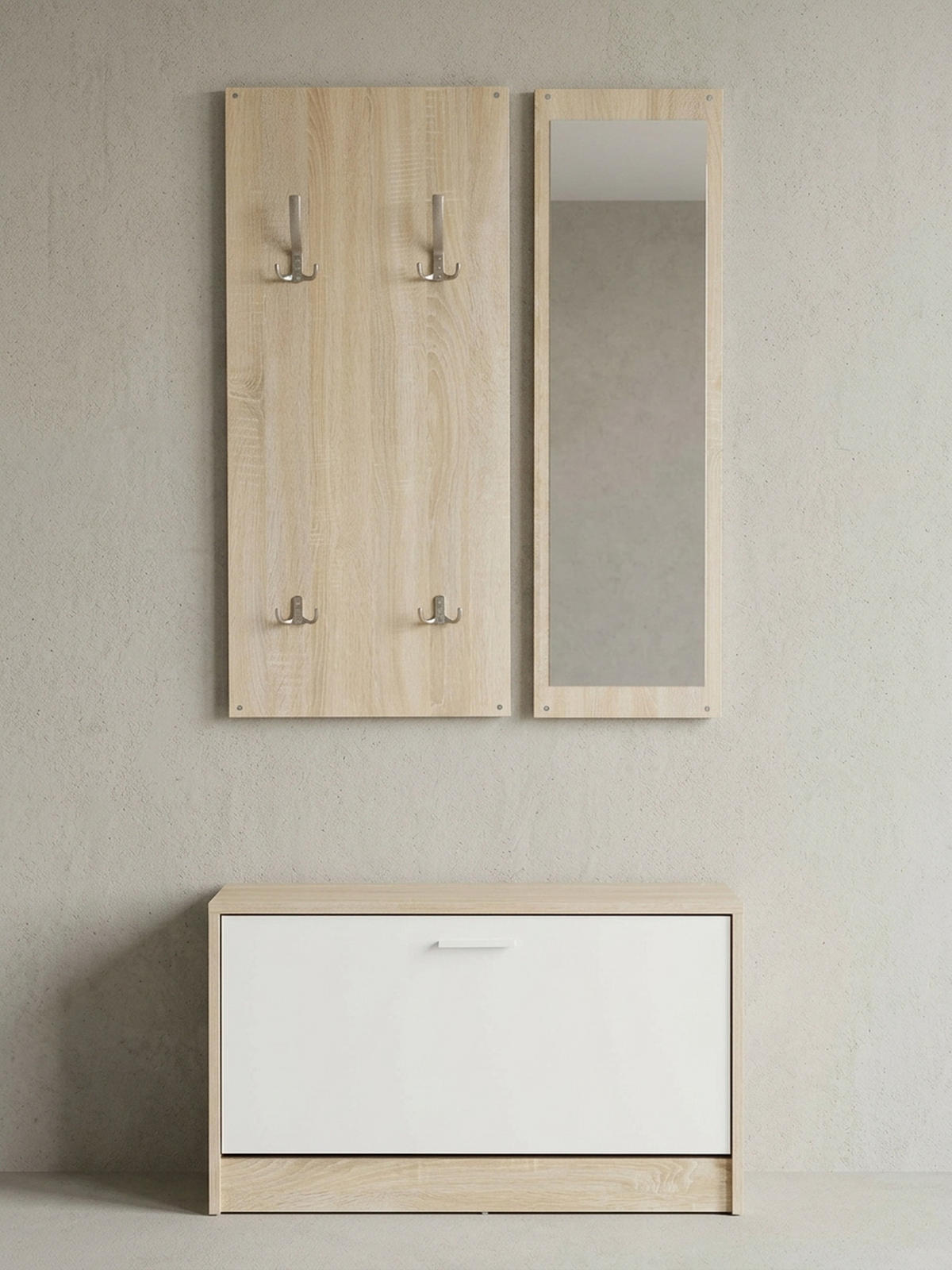 WANDGARDEROBE mit Spiegel, 10 Haken und Platz für 8 Paar Schuhe DELFT, Beige 80x27x180 cm - Beige, Holz (80/180/27cm) - KADIMA DESIGN