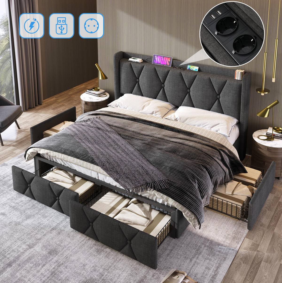 ČALOUNĚNÁ postel 140/200 cm šedá z lnu s USB nabíjením, zásuvkami a 4 zásuvkami - šedá, textil (140/200cm) - OKWISH