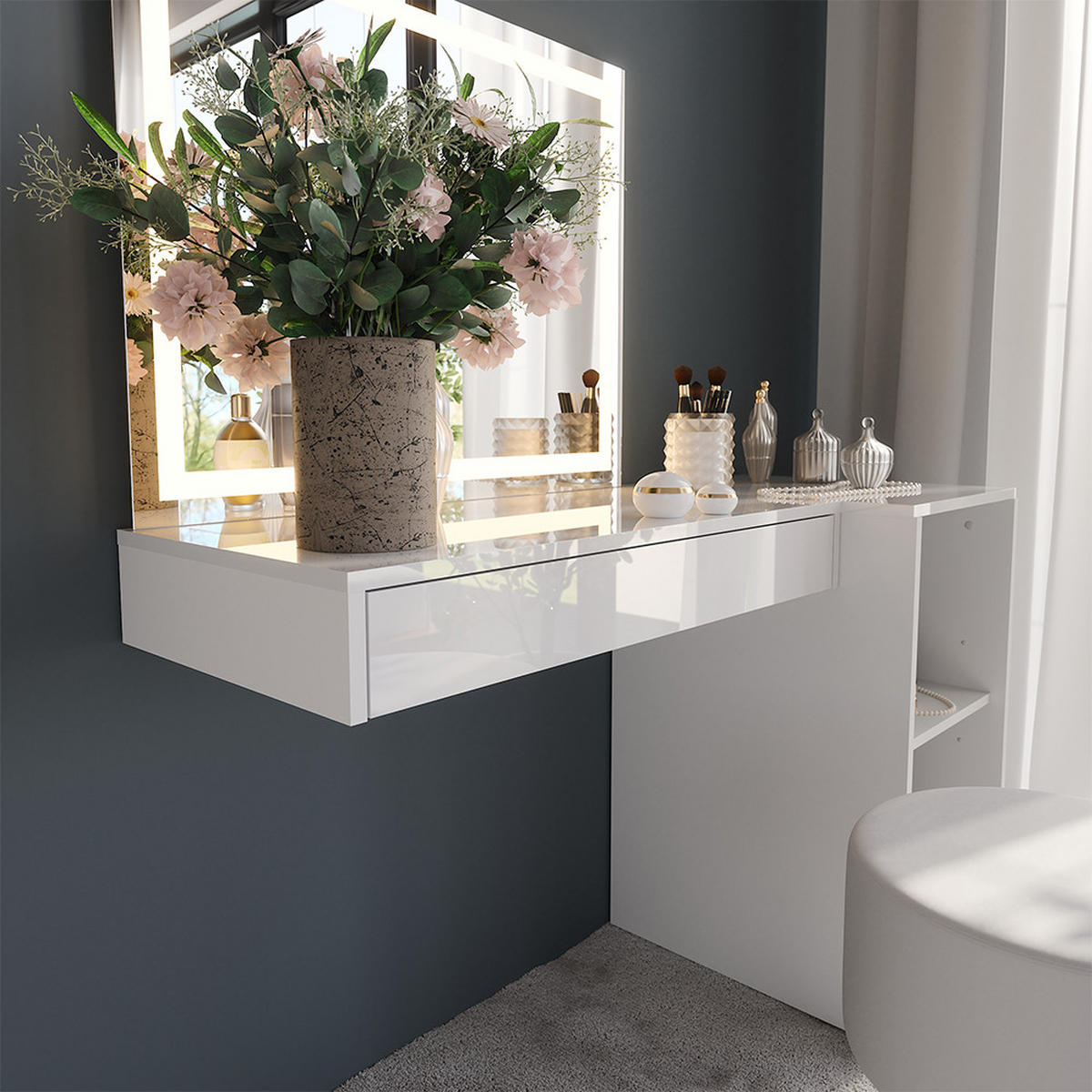 SCHMINKTISCH Sherry Weiß/Weiß Hochglanz 120 cm 4 Teile - Weiß Hochglanz, Holzwerkstoff (120/76/50.1cm) - Vicco