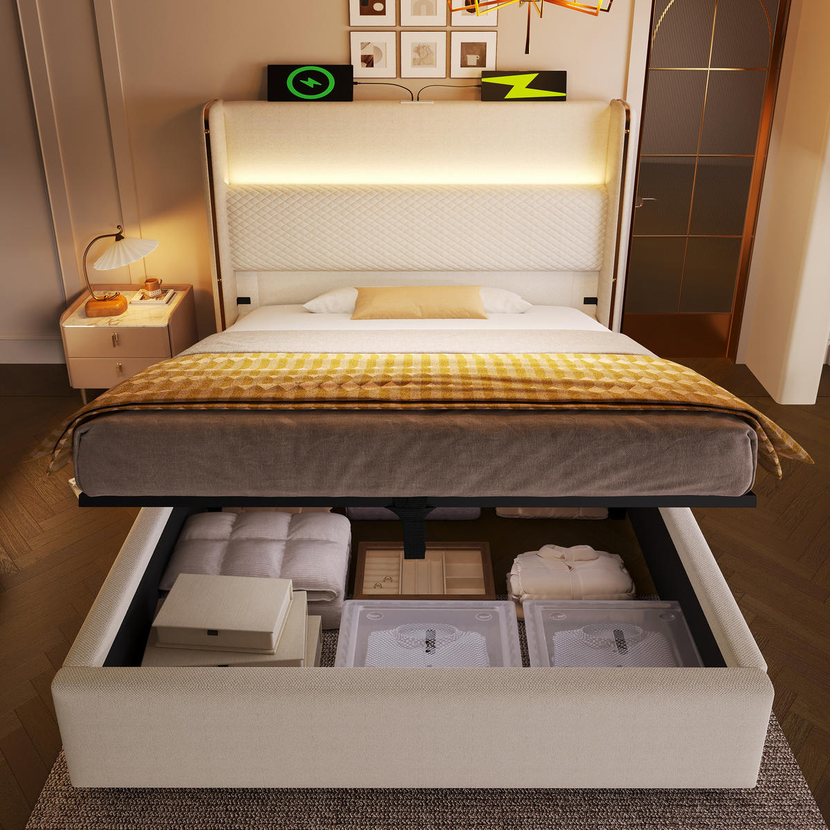 POLSTERBETT aus Leinen 90x200 cm in Beige mit LED-Beleuchtung & USB/Type-C - Beige, Textil (90/200cm) - Modfu