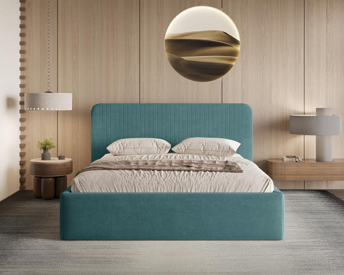 POLSTERBETT 180x200 cm mit Bettkasten, Lattenrost und Kopfteil, Eleganter Matt Velvet-Stoffbezug, Blau - Blau, Holz (180/200cm) - Chilly