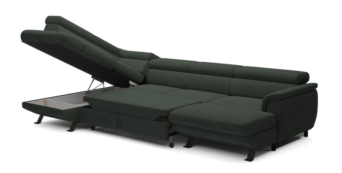 ECKSCHLAFSOFA Raven XL, Verstellbaren Kopfstützen, Bettkasten, Großes Sofa 334x198x162cm Linke, Wald - Waldgrün, Holz/Textil (198/334cm) - DomoHome