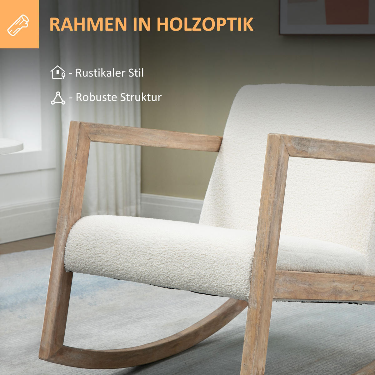 SCHAUKELSTUHL mit Holzrahmen Wohnzimmersessel Lounge Kautschukholz Cremeweiß - Creme, Kunststoff (81/71/60cm) - HOMCOM