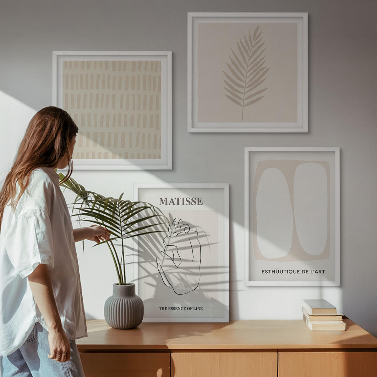 BILDER SET 4er Set - 50x50 cm & 40x60 cm Weißer Rahmen - Linien, Formen, Beige, Weiß - Weiß, Kunststoff (50/50cm) - TULUP