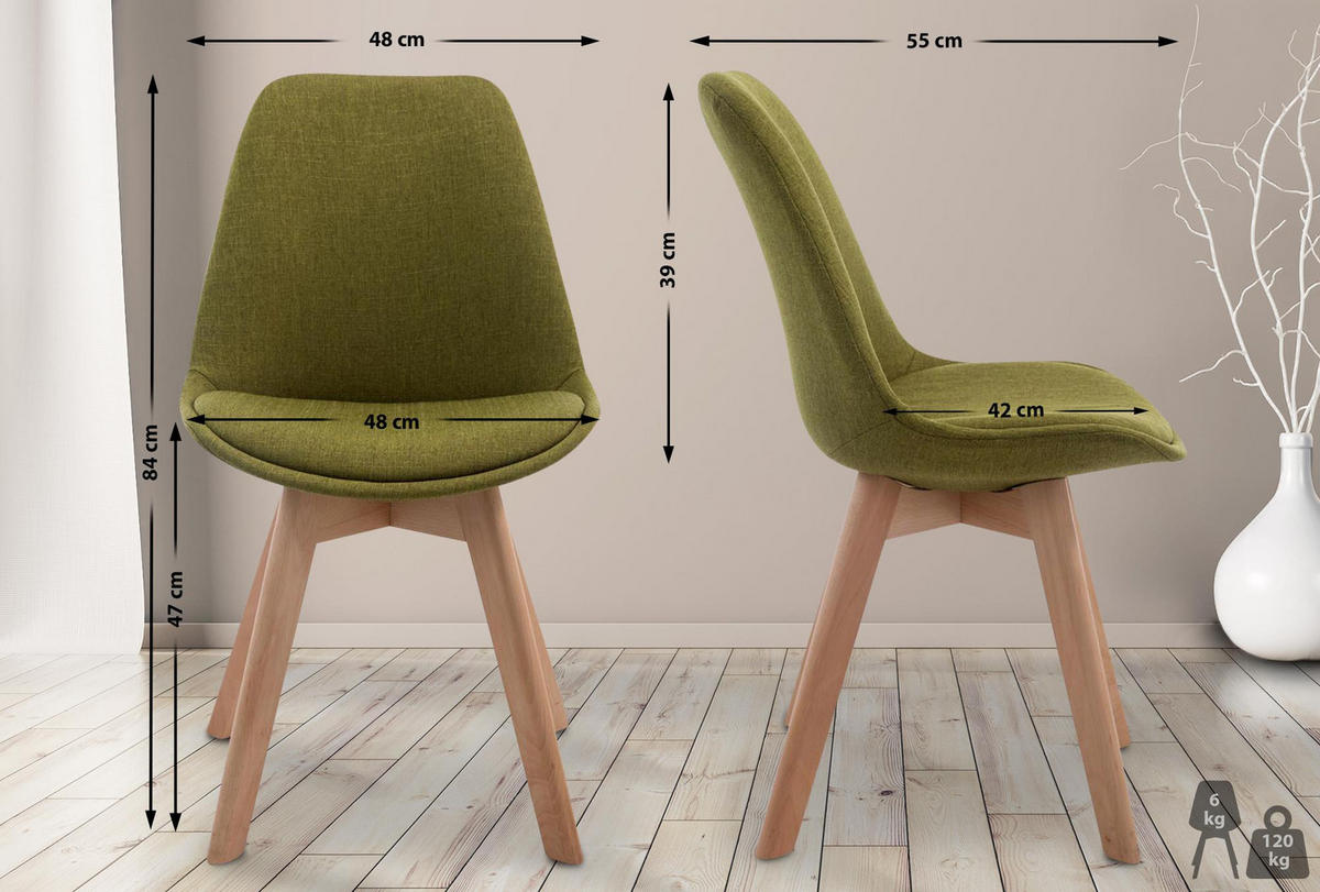 STUHL Stoff grün - Eukalyptusholzfarben/Grün, Holz/Textil (48/84/55cm) - CLP