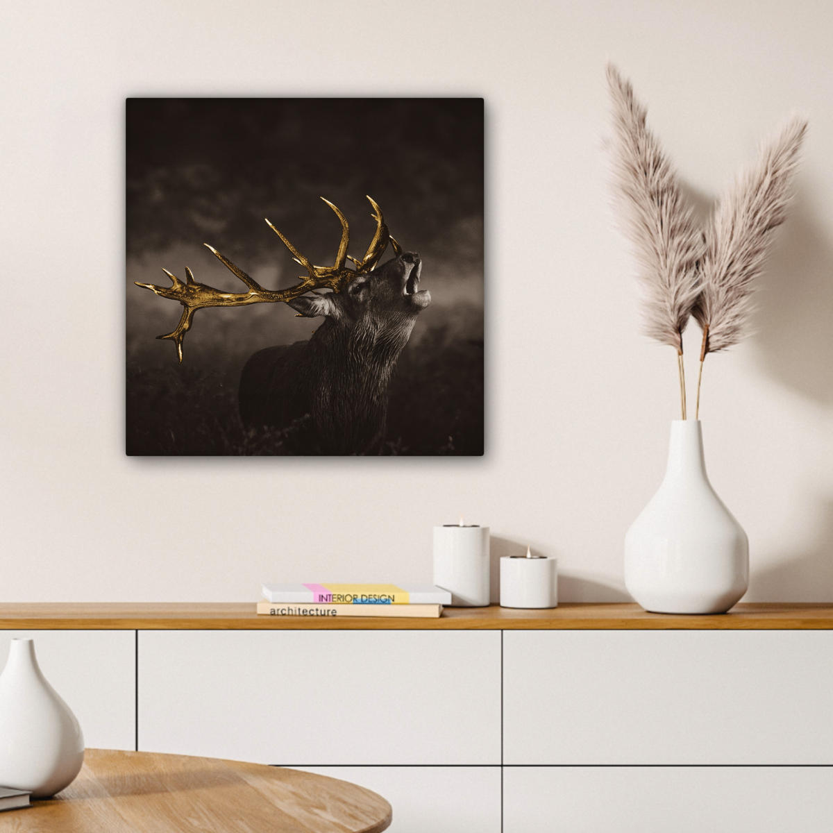 LEINWANDBILD Rotwild - Schwarz - Gold 50x50 cm - Braun, Textil (50/50cm) - MuchoWow