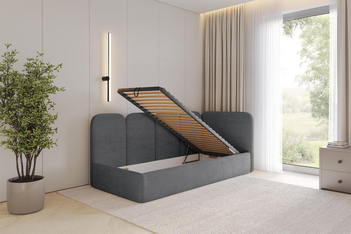 EINZELLBETT Jugendbett mit Bettkasten, Links - VELY 90x200 Dunkelgrau - Graphitfarben, Holzwerkstoff/Textil (90/200cm) - ALTDECOR