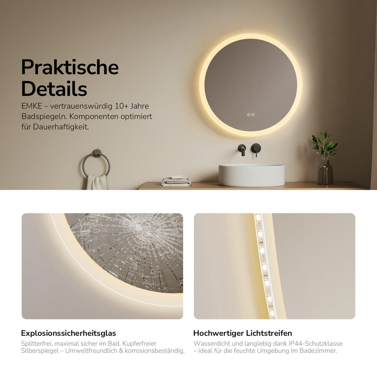 BADSPIEGEL Rund mit LED-Beleuchtung Lichtrand, 3 Lichtfarben, beschlagfrei, Ø 60 cm - Transparent, Glas (60/60/3.5cm) - EMKE