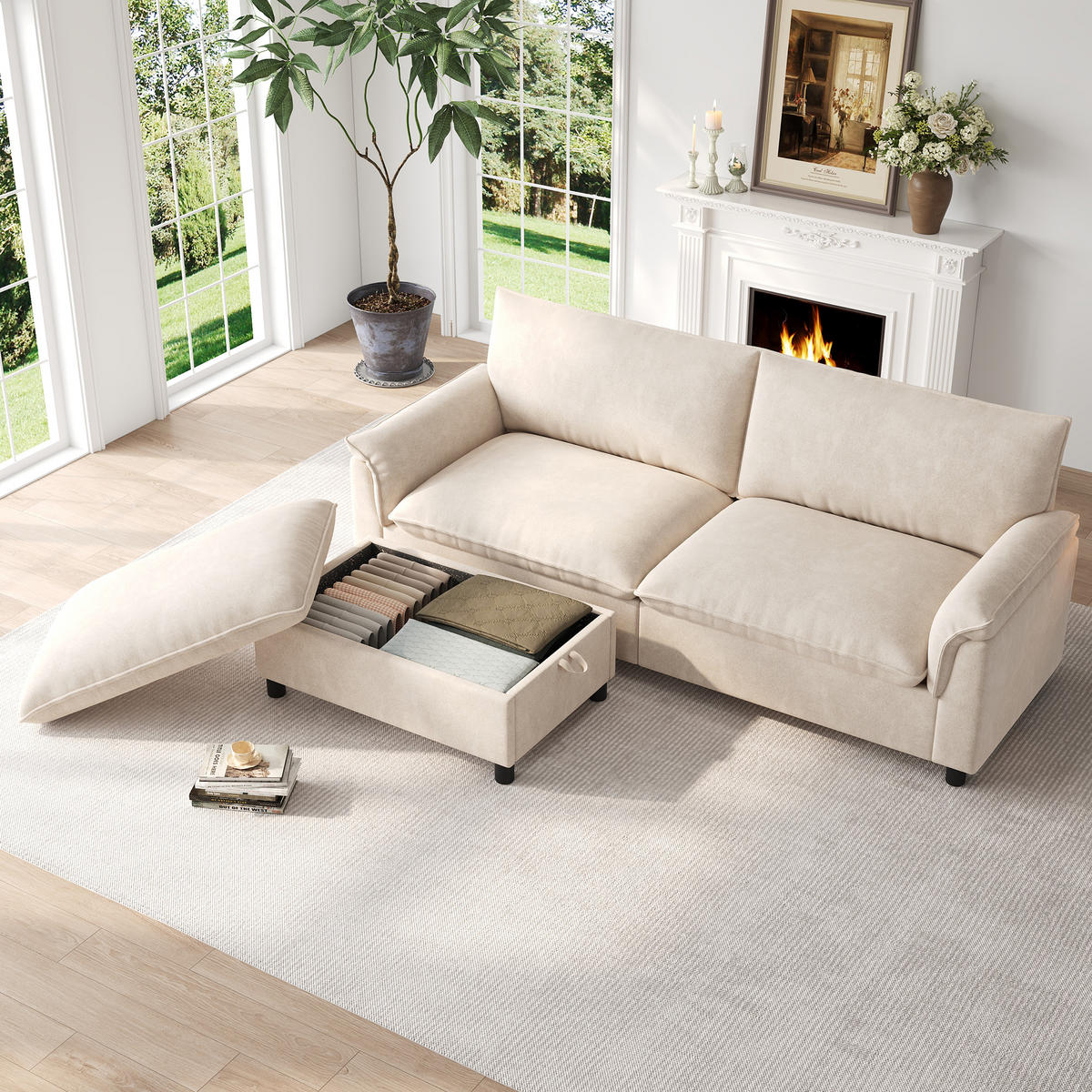 SOFA Beige U-Form Cloud Modular Deep Seat 216cm Hocker - Beige, Textil (77/82/216cm) - FLIEKS