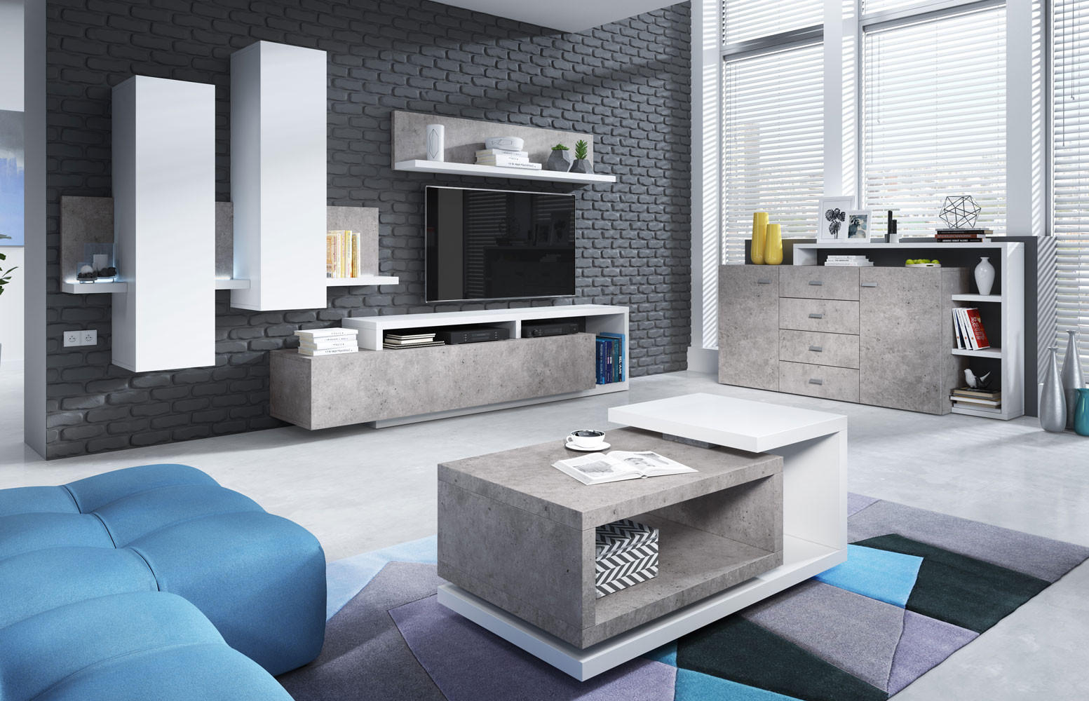 WOHNZIMMER-SET 5-teilig Broto Weiß / Beton Colorado - Multicolor/Grau, Holz/Holzwerkstoff (371/142/60cm) - Feldmann-Wohnen