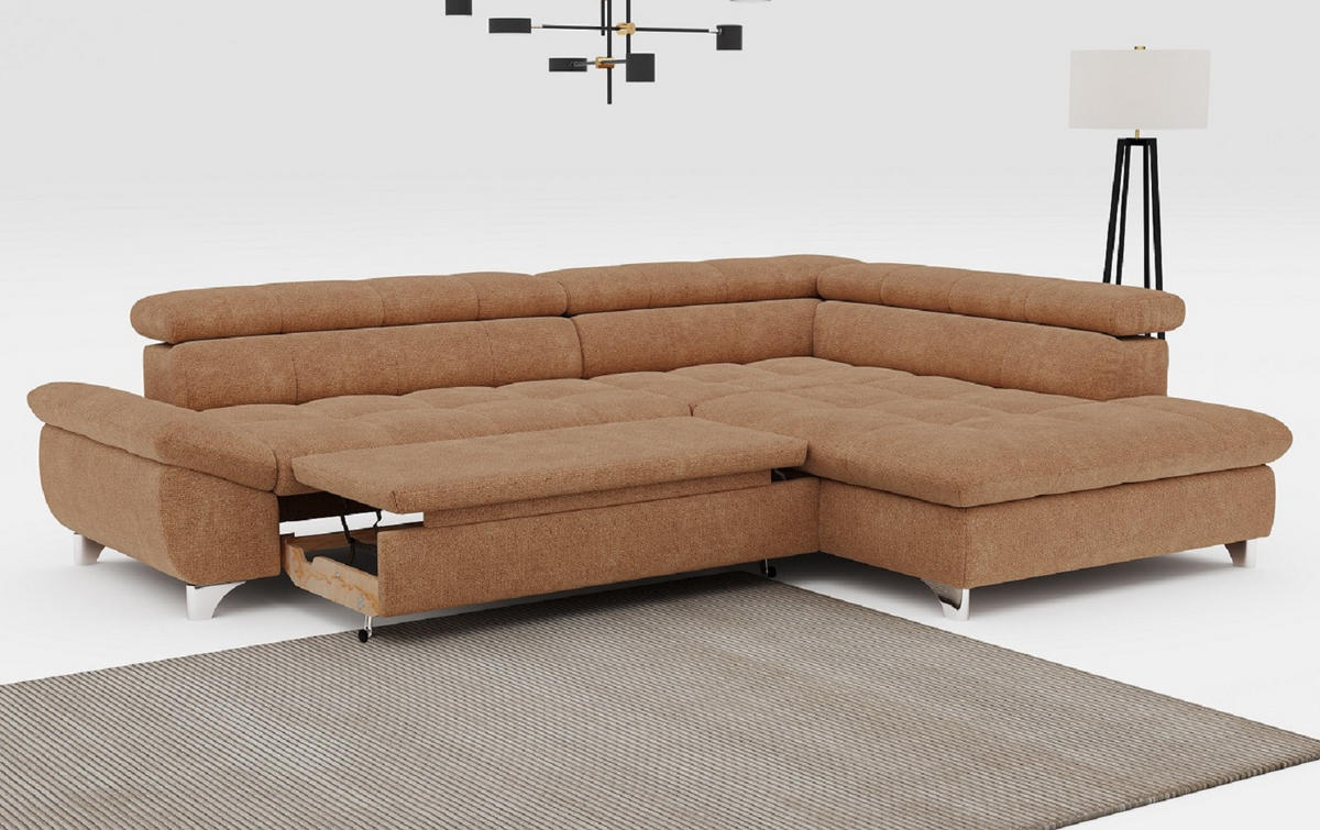 ECKSOFA mit Schlaffunktion und verstellbare Kopflehnen - Cognac/Silberfarben, Textil/Metall (234/312cm) - Cotta