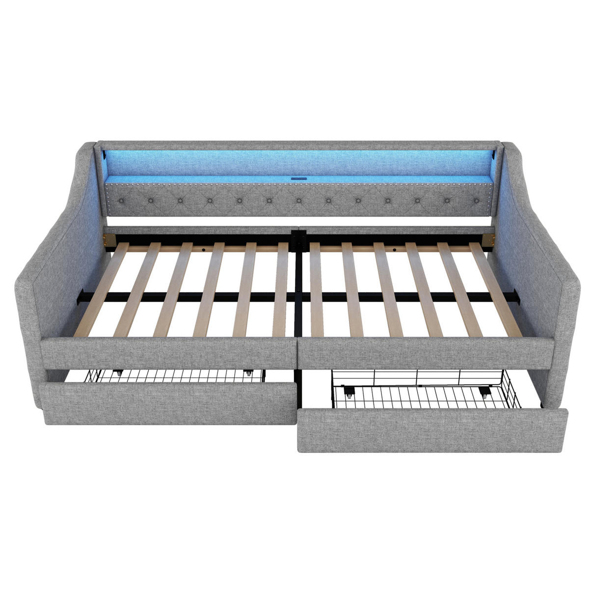 POLSTERBETT aus Leinen 90x200 cm in Grau mit LED & USB & 2 Schubladen - Grau, Textil (90/200cm) - Modfu