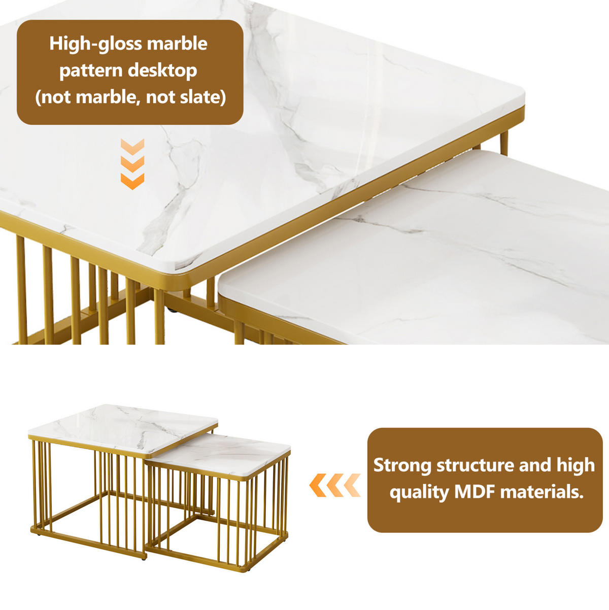 COUCHTISCH 60/60/45 cm + 45/45/40 cm weiß aus MDF mit Hochglanz-Marmoroptik, ineinander schiebbar - Weiß, Holzwerkstoff (60/60/45cm) - OKMYHOME