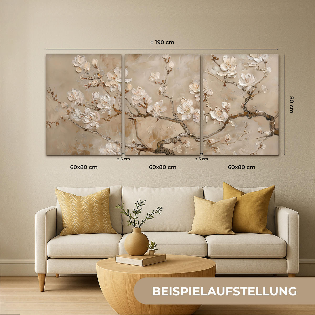 LEINWANDBILD 3er Set Beige - Blüte - Modern 180x80 cm - Greige, Textil (180/80cm) - MuchoWow