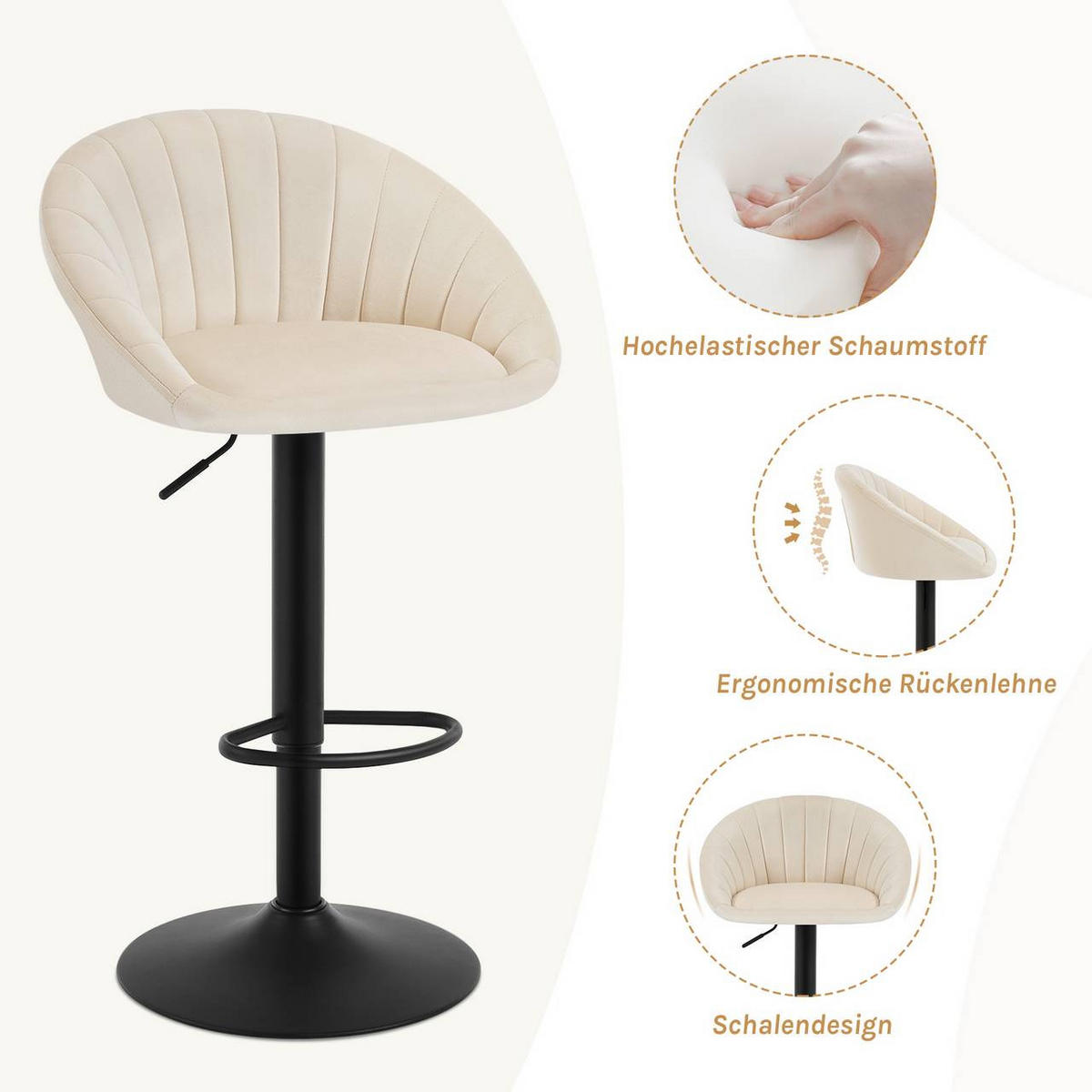 BARHOCKER mit Rückenlehne, Samt, Beige - Beige/Schwarz, Textil/Metall (53/83/45cm) - Woltu