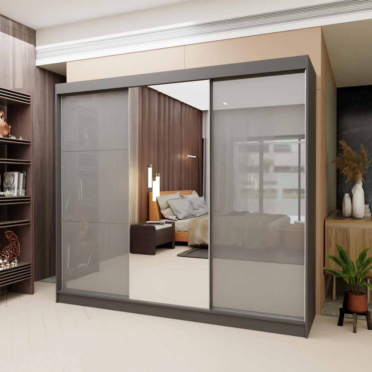 SCHWEBETÜRENSCHRANK VITALE 240/216/61 cm 3-türig mit Spiegel Grau - Grau, Holzwerkstoff (240/216/61cm) - MASSENO