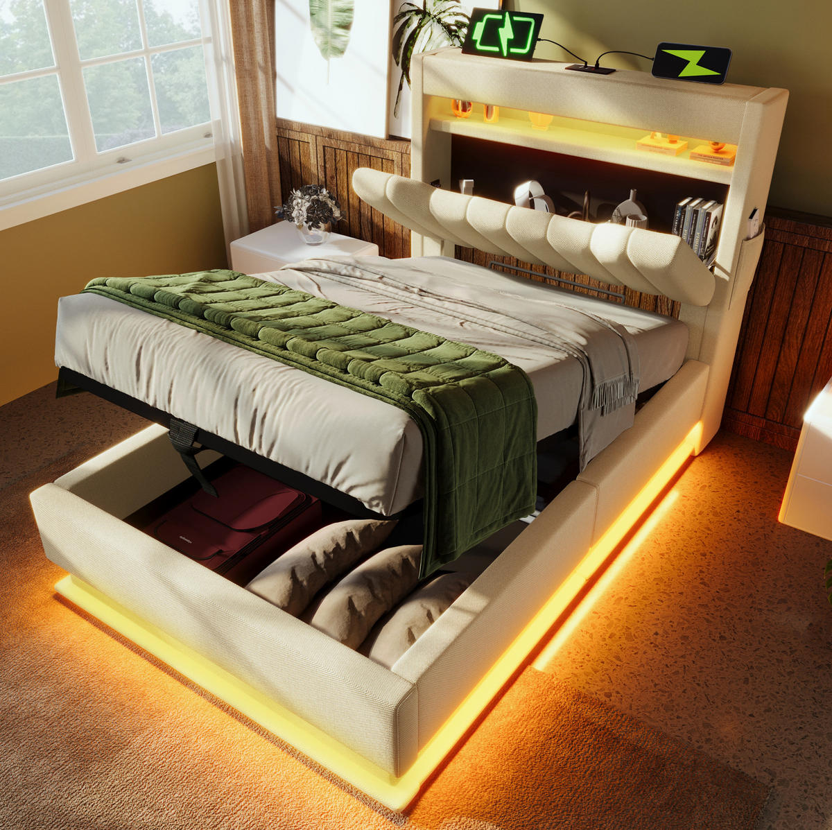 POLSTERBETT mit Stauraum 90x200 cm Leinen Beige mit LED und USB - Beige, Metall (90/200cm) - Meubliv