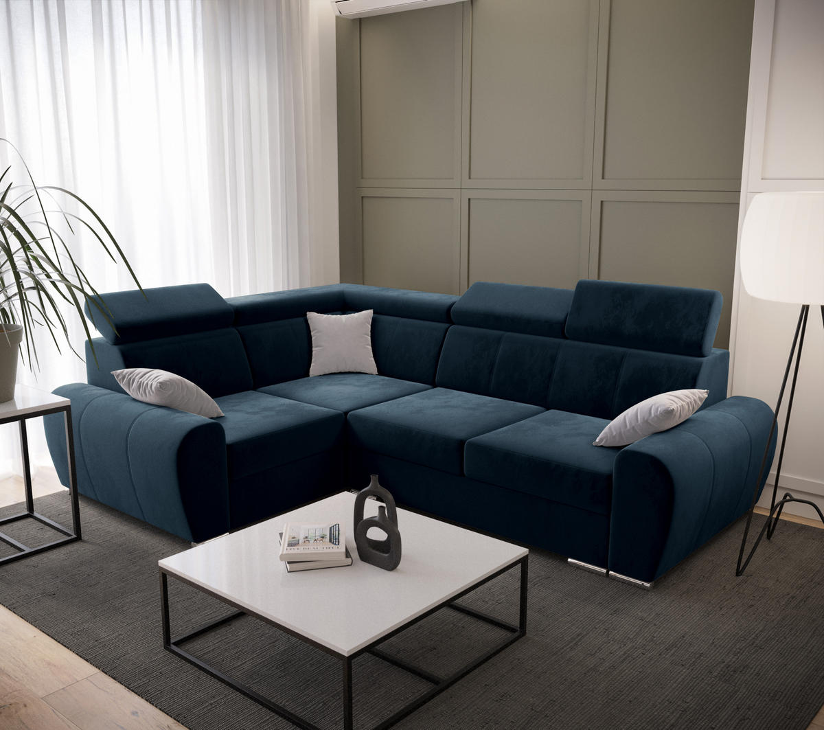 ECKSOFA APOLLO KN08, Eckcouch in L-Form mit Schlaffunktion, Farbe: Blau, Velourstoff, Ottomane Links - Blau, Textil (255/190cm) - O-Sofa
