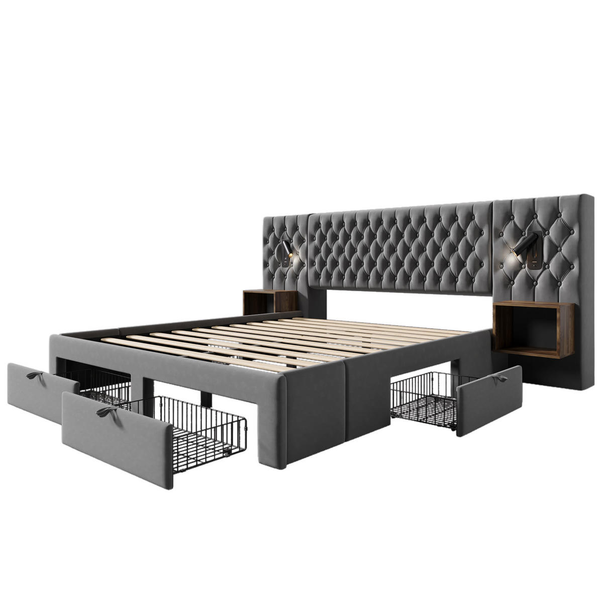 POLSTERBETT 180/200 cm aus Samt mit 2 Nachttischen, 4 Schubladen, Leselicht und USB/Type-C, Grau - Grau, Textil (180/200cm) - Redom