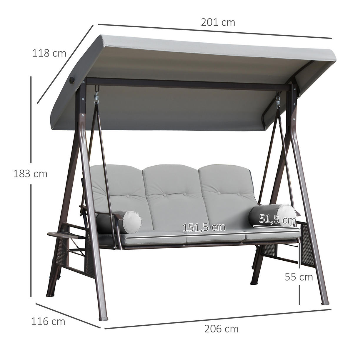 HOLLYWOODSCHAUKEL DE-15278 3-Sitzer mit verstellbarem Dach Hellgrau - Hellgrau, Metall (116/183/206cm) - ComfortXL