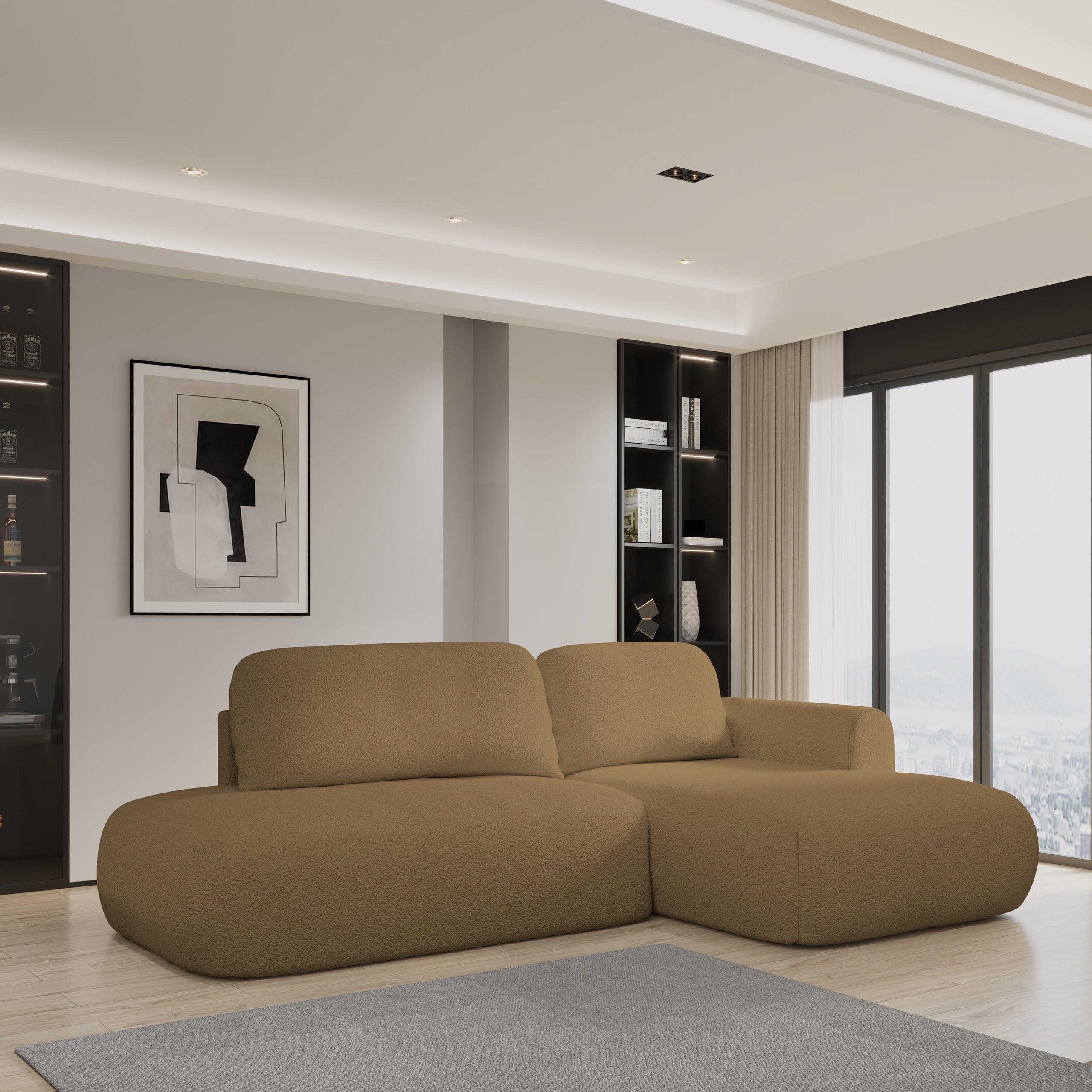 ECKSOFA NUVIRA R-S Orange Boucle-Stoff mit Schlaffunktion - Orange, Holz (274/165cm) - MASSENO