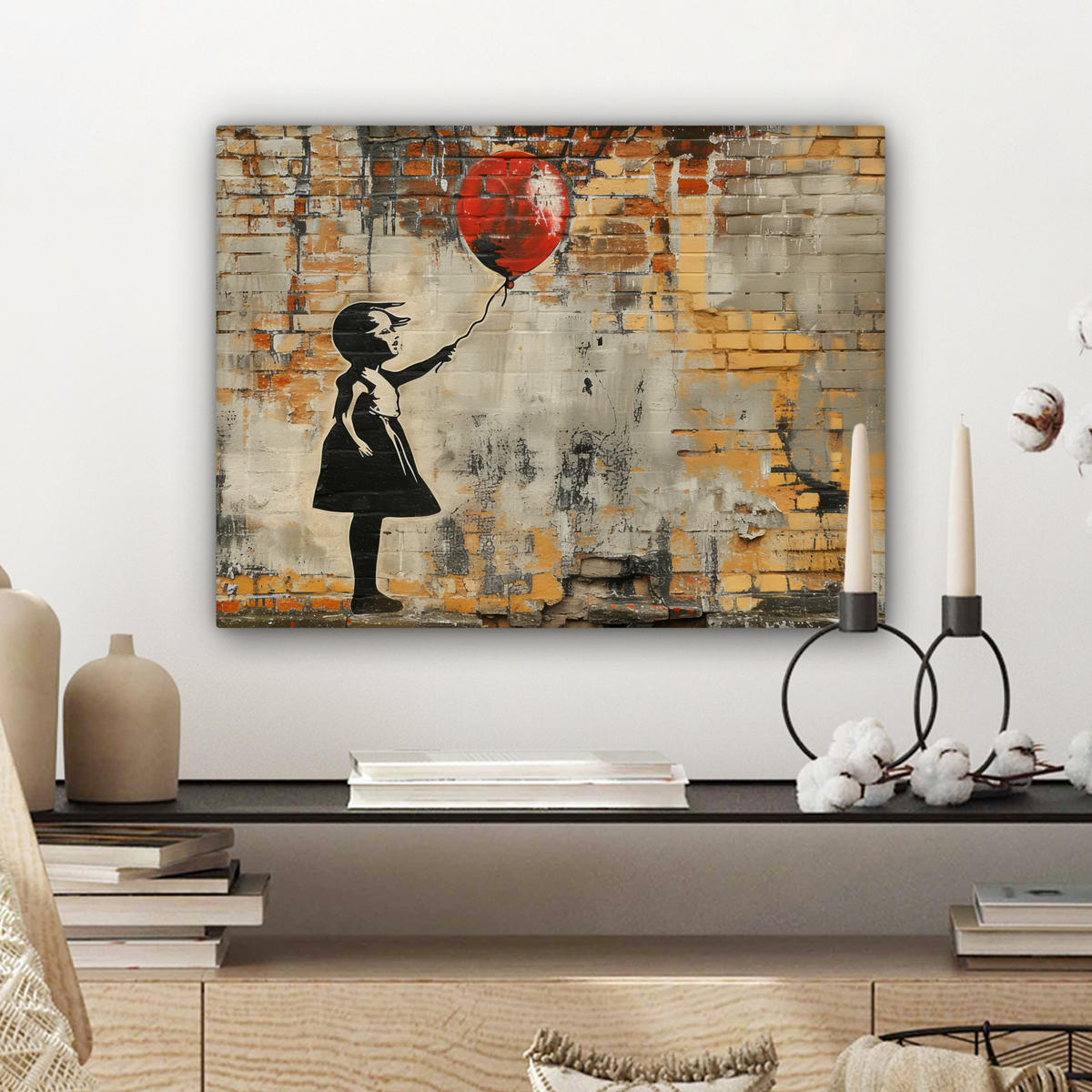 LEINWANDBILD Graffiti - Banksy - Mädchen - Straßenkunst Wandbild 40x30 cm - Sandfarben, Textil (40/30cm) - MuchoWow