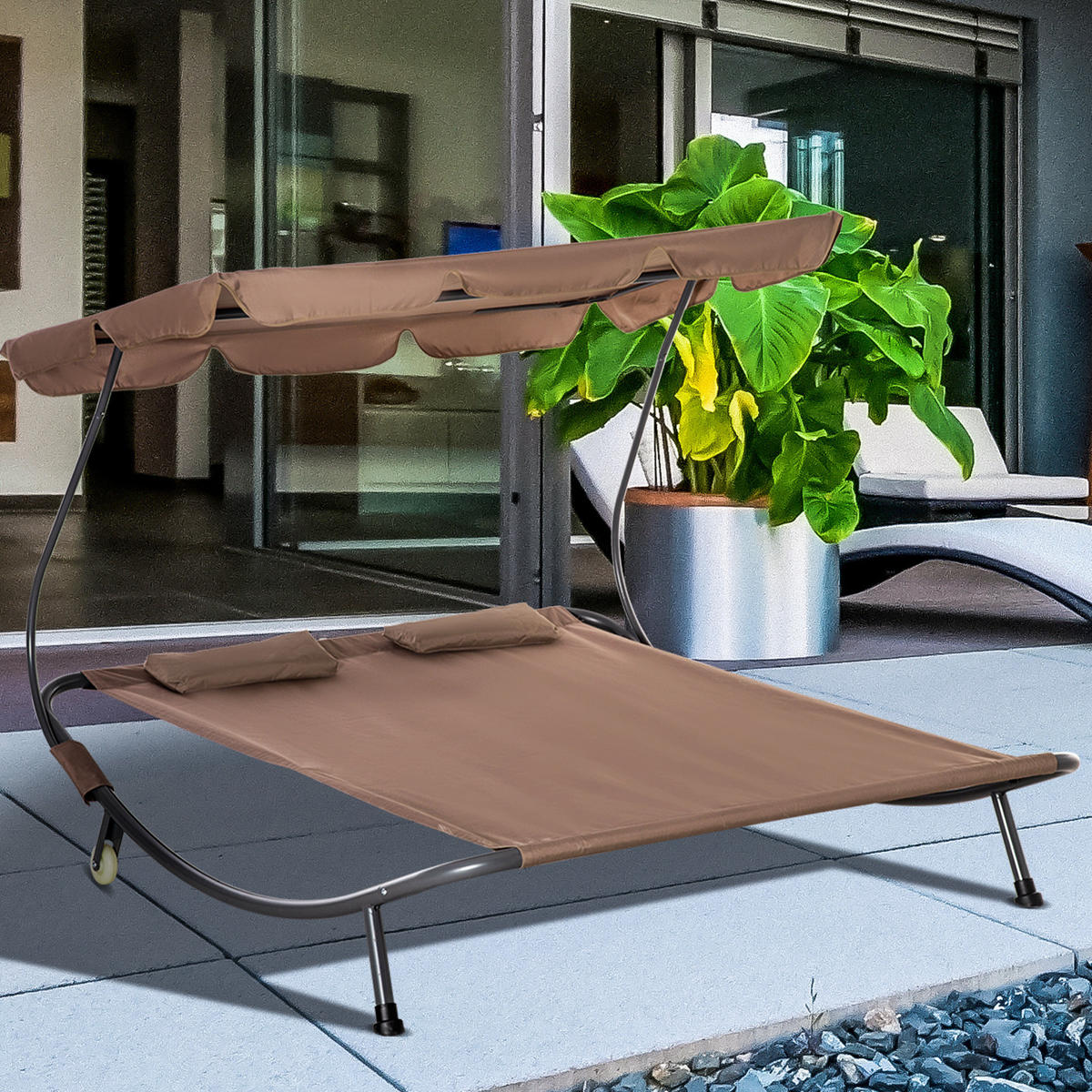 SONNENLIEGE Doppelte 2-Sitzer-Sonnenliege mit verstellbarem Sonnenschirm 200 x 175 x 134 cm ,Braun - Braun, Metall (175/134/200cm) - Vallsero