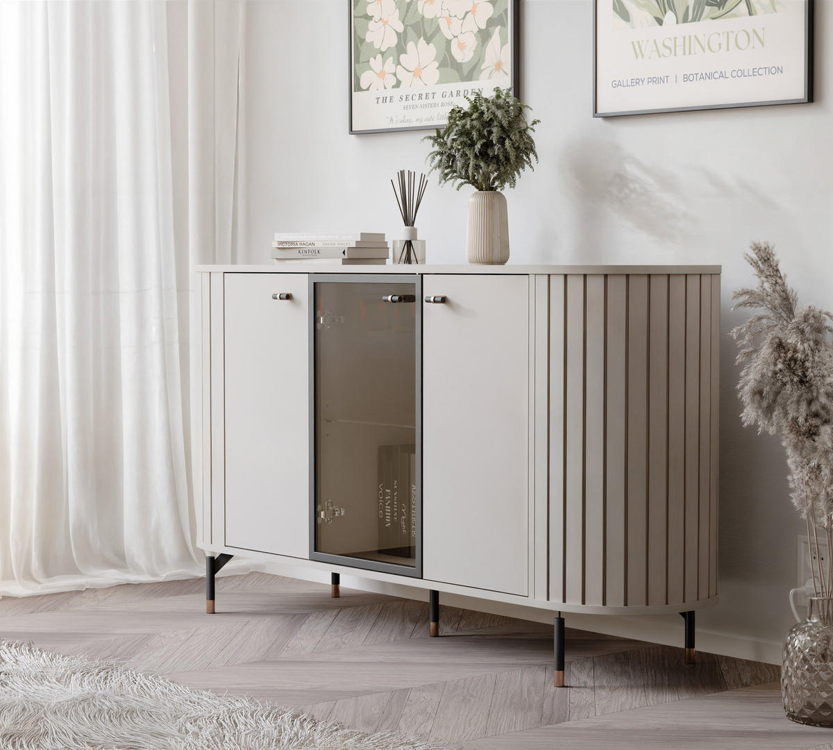KOMMODE geriffelt, dreitürig, Kaschmir - Kaschmir, Holzwerkstoff (190/81/40cm) - Idohome