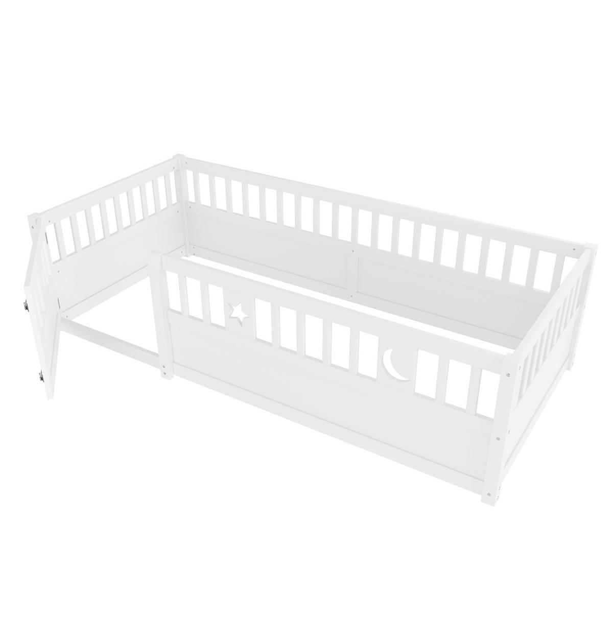 KINDERBETT 90/190 cm aus Kiefern mit Sicherheitsgitter, Schlosstür und Stern-Mond-Dekor, Weiß - Weiß, Holzwerkstoff (90/190cm) - Redom